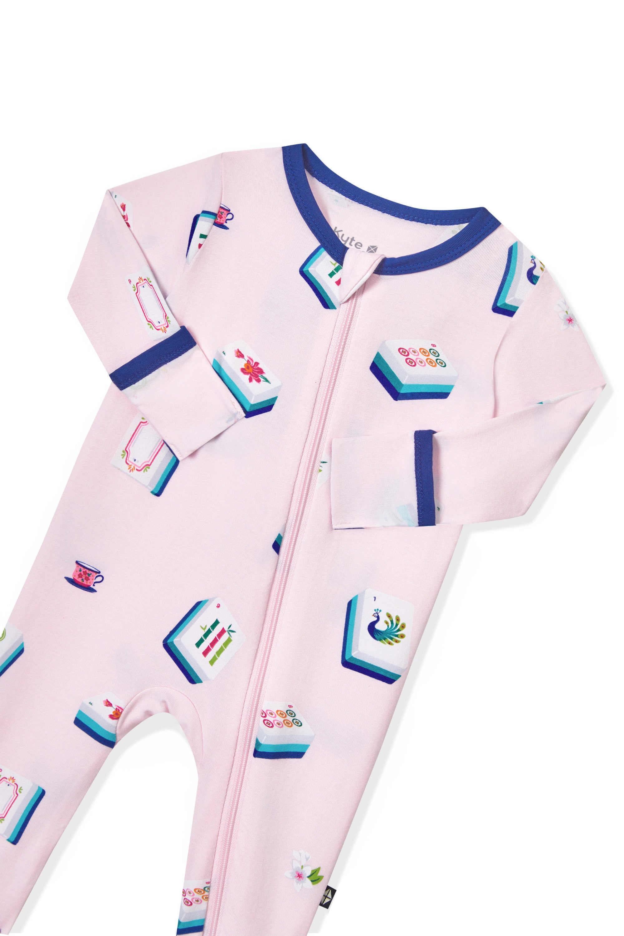 Pink Zippered Romper with zipper garage in Mahjong pattern on a white background
