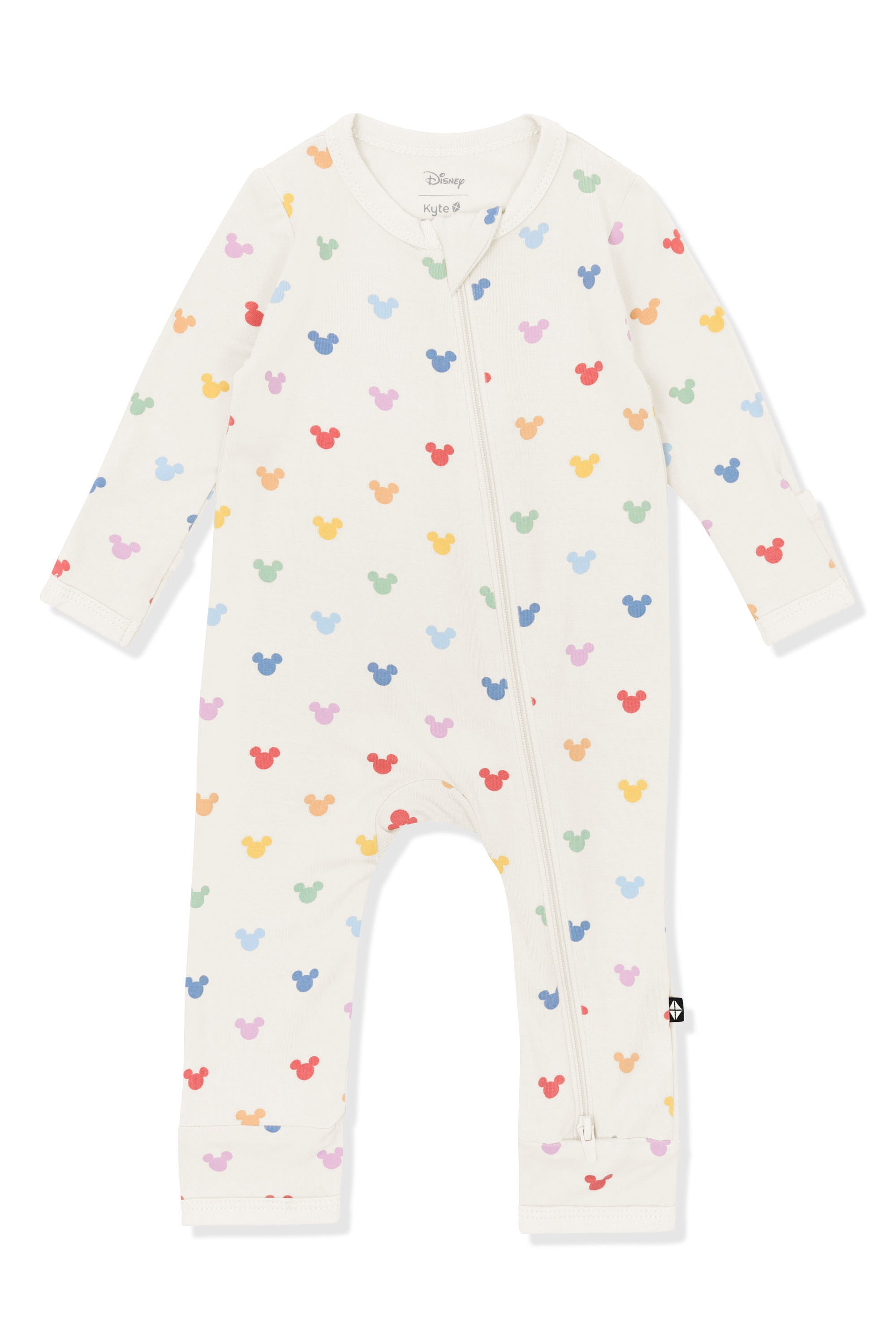 Baby Zippered Romper with Pastel Mickey Mouse pattern on an oat background