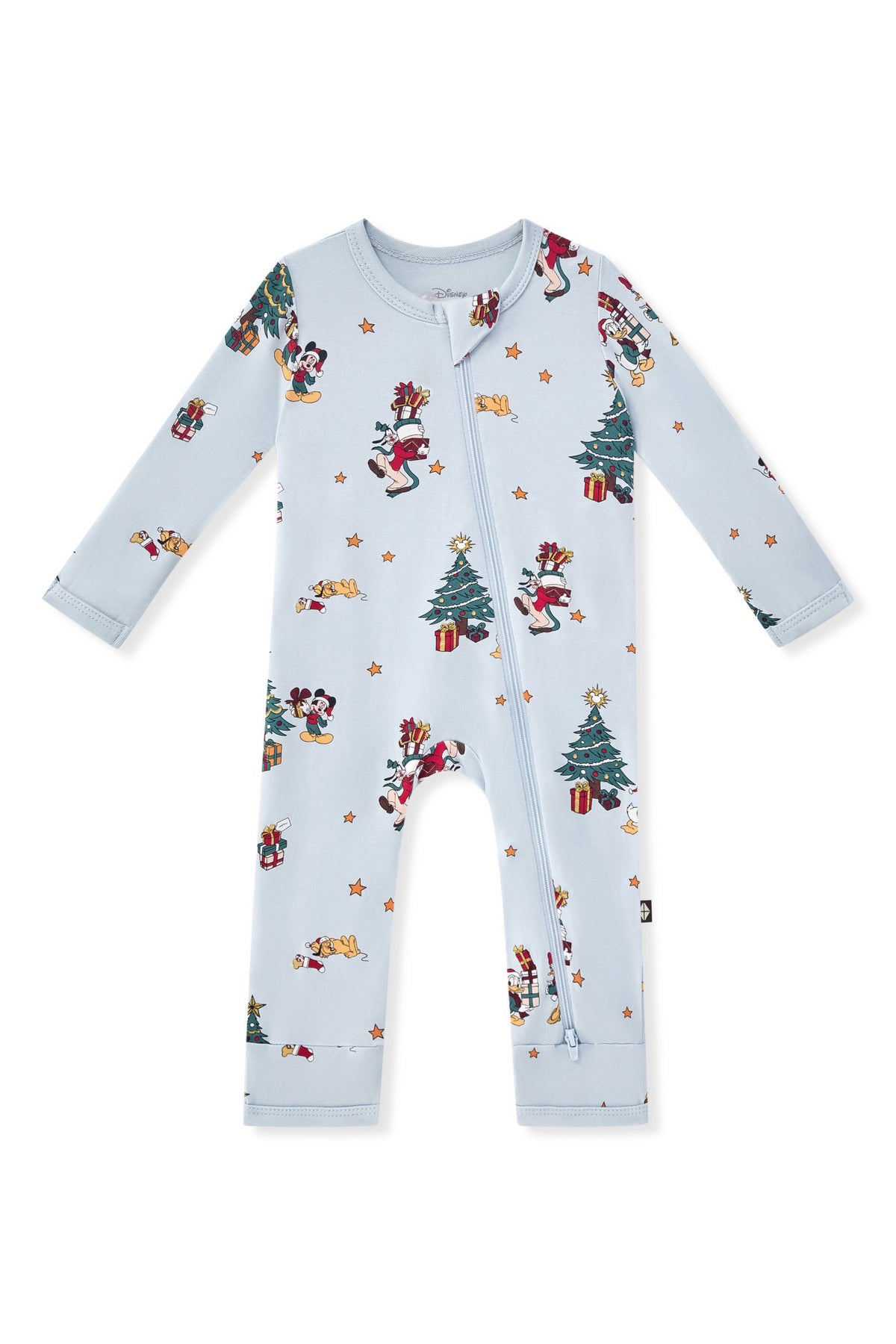 Zippered Romper in Mickey & Friends Christmas print on a white background