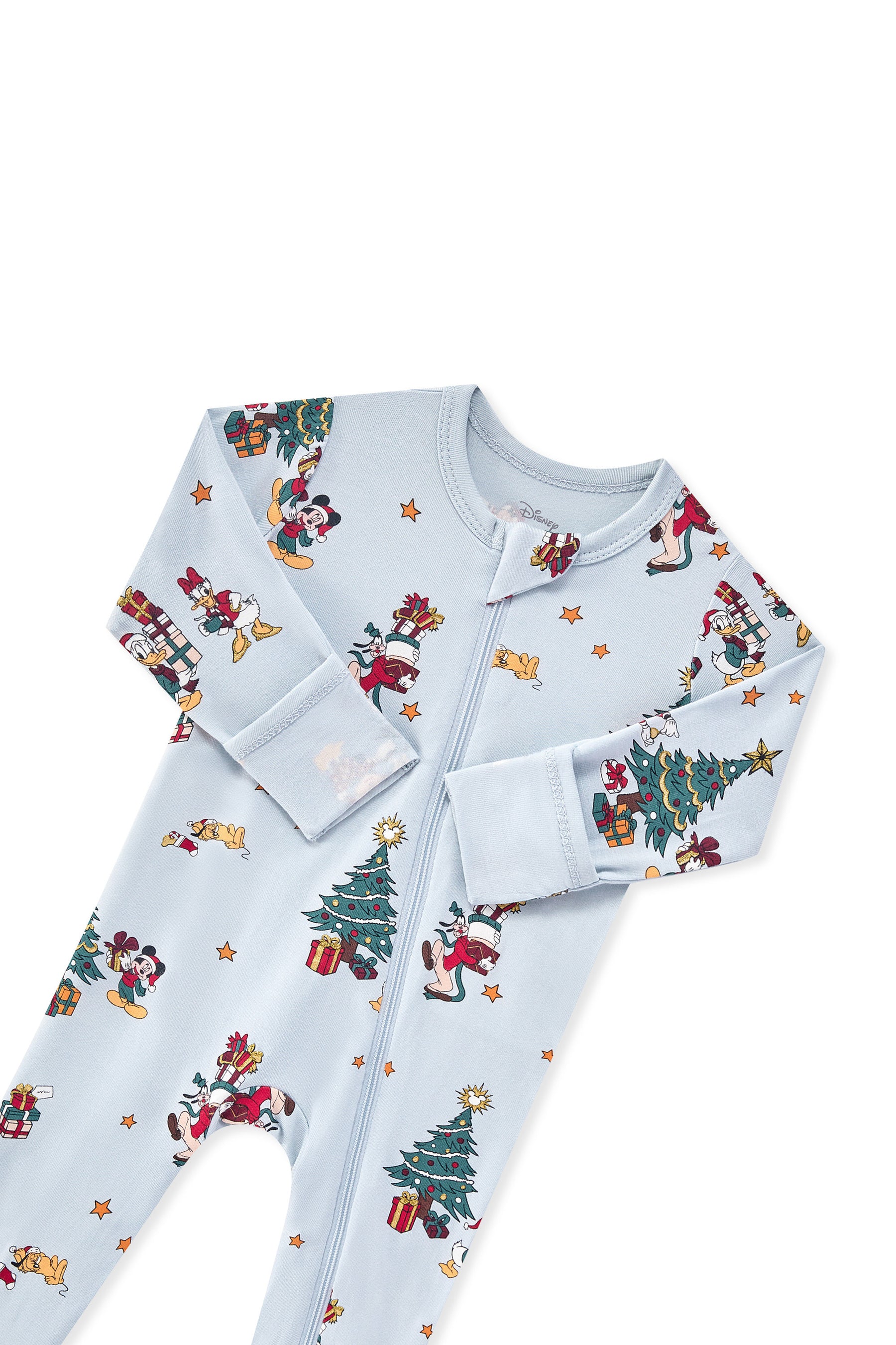 Zippered Romper in Mickey & Friends Christmas print with zipper garage on a white background