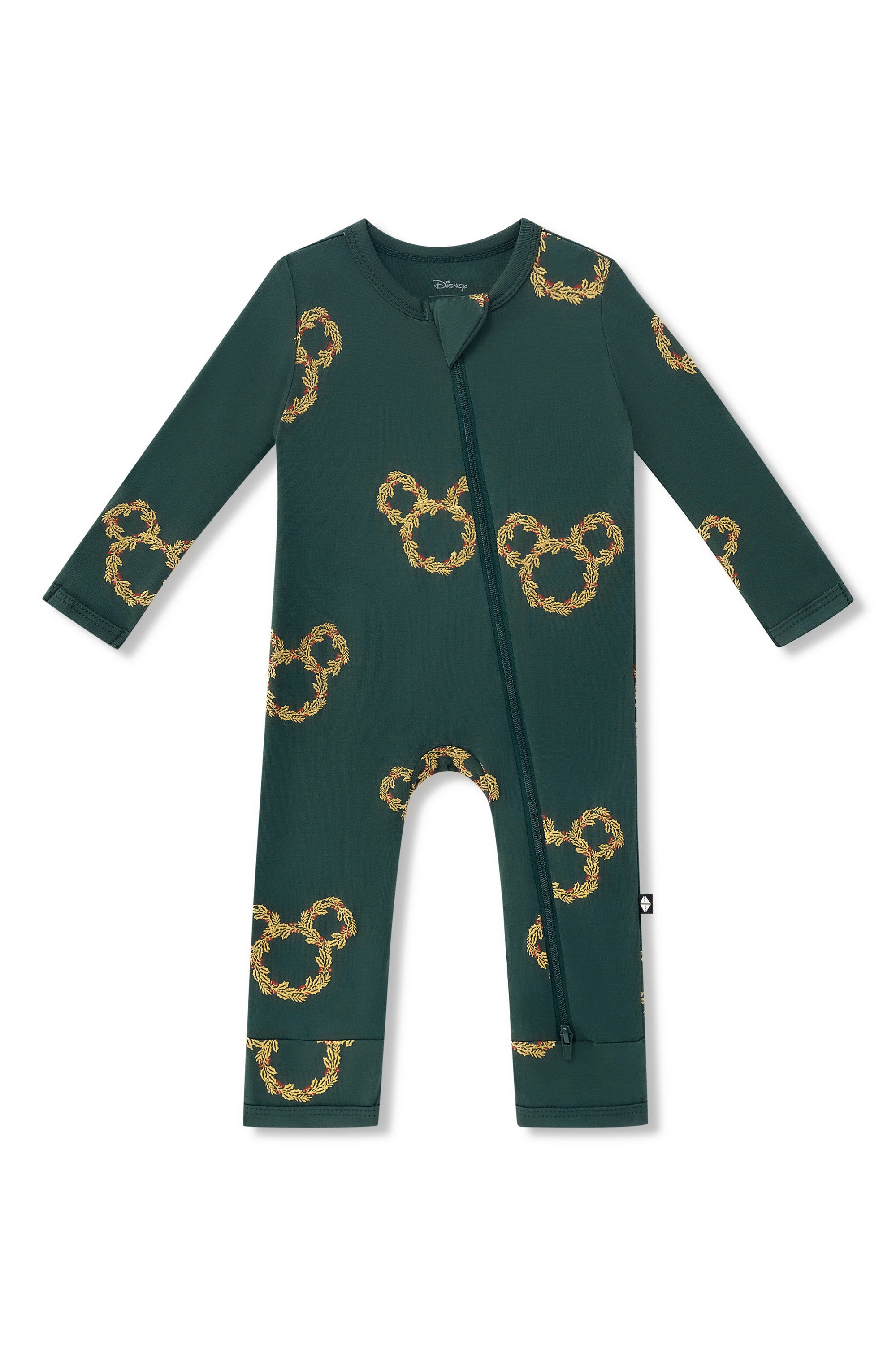 Zippered Romper in Mickey Christmas Wreath print on a white background