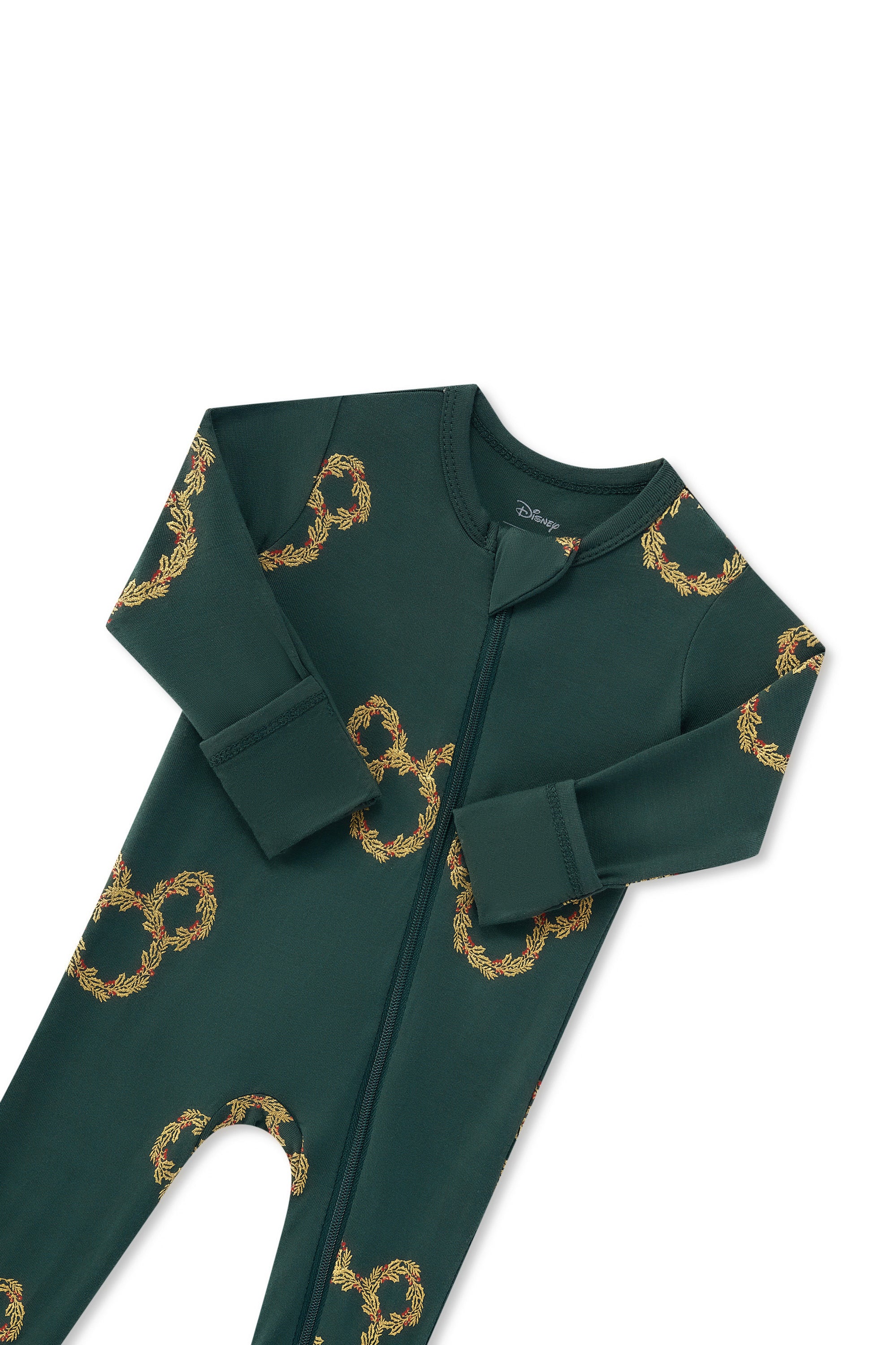 Zippered Romper in Mickey Christmas Wreath print with zipper garage on a white background