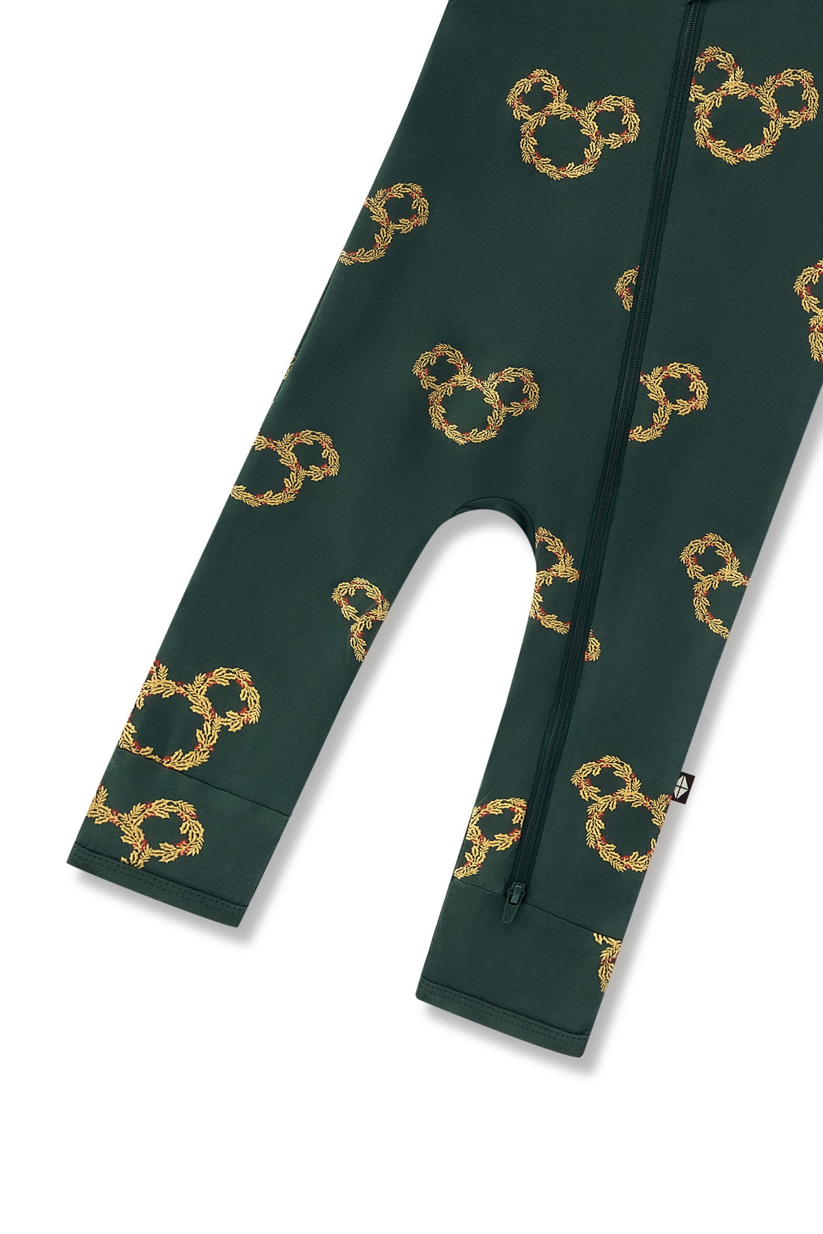 Bottom part of Zippered Romper in Mickey Christmas Wreath print on a white background