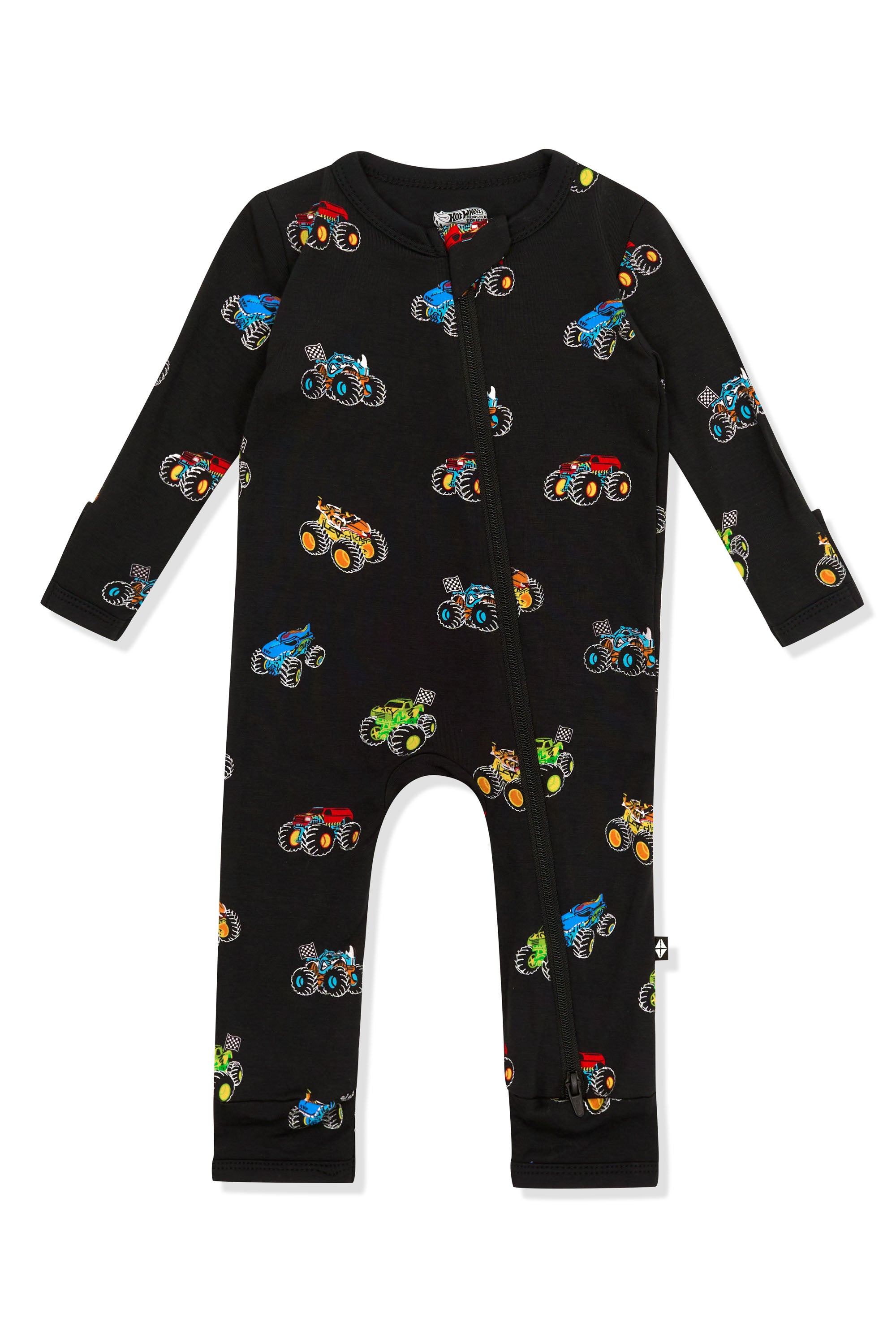 Zippered Romper in Monster Truck print on white background