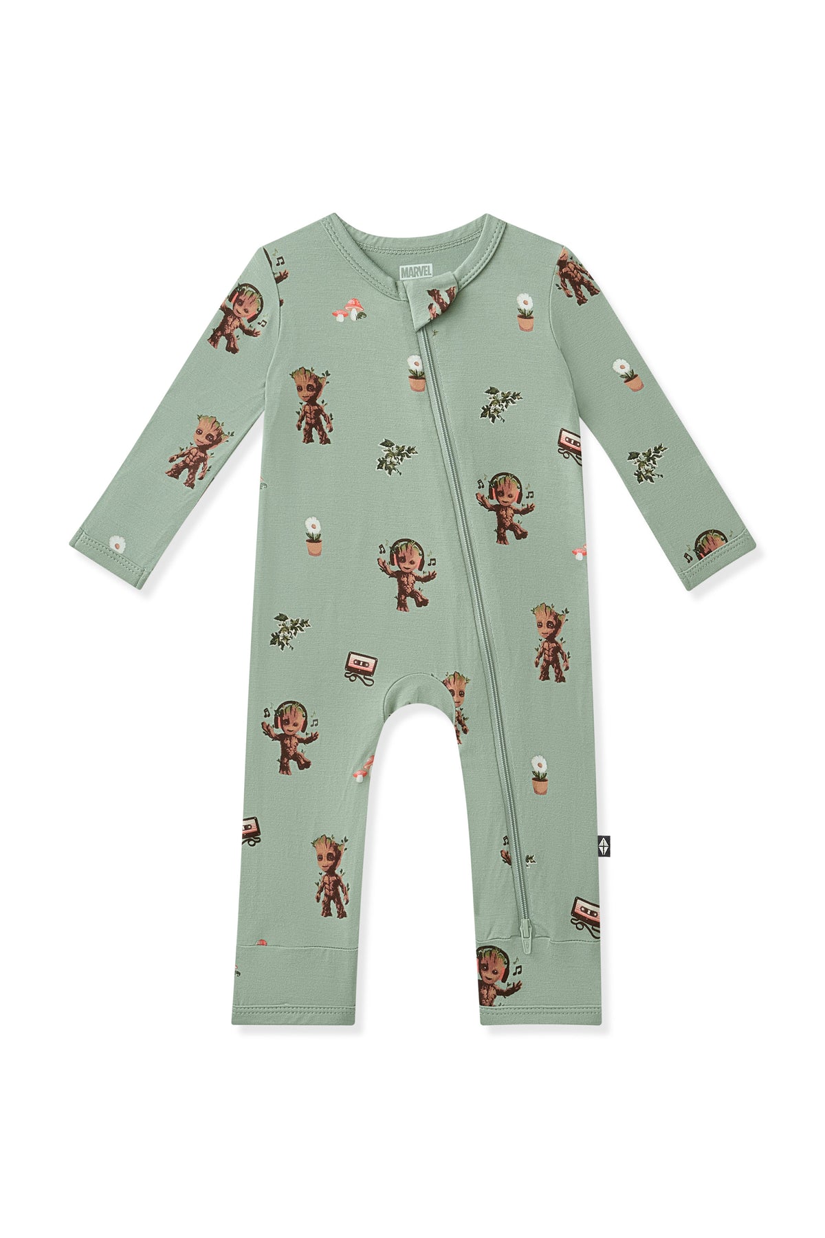 Green Zippered Romper in Groot print on white background