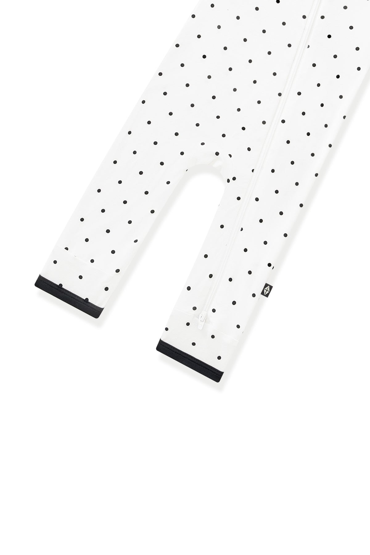 Bottom part of Zippered Romper in Midnight Polka Dot with black trim on white background