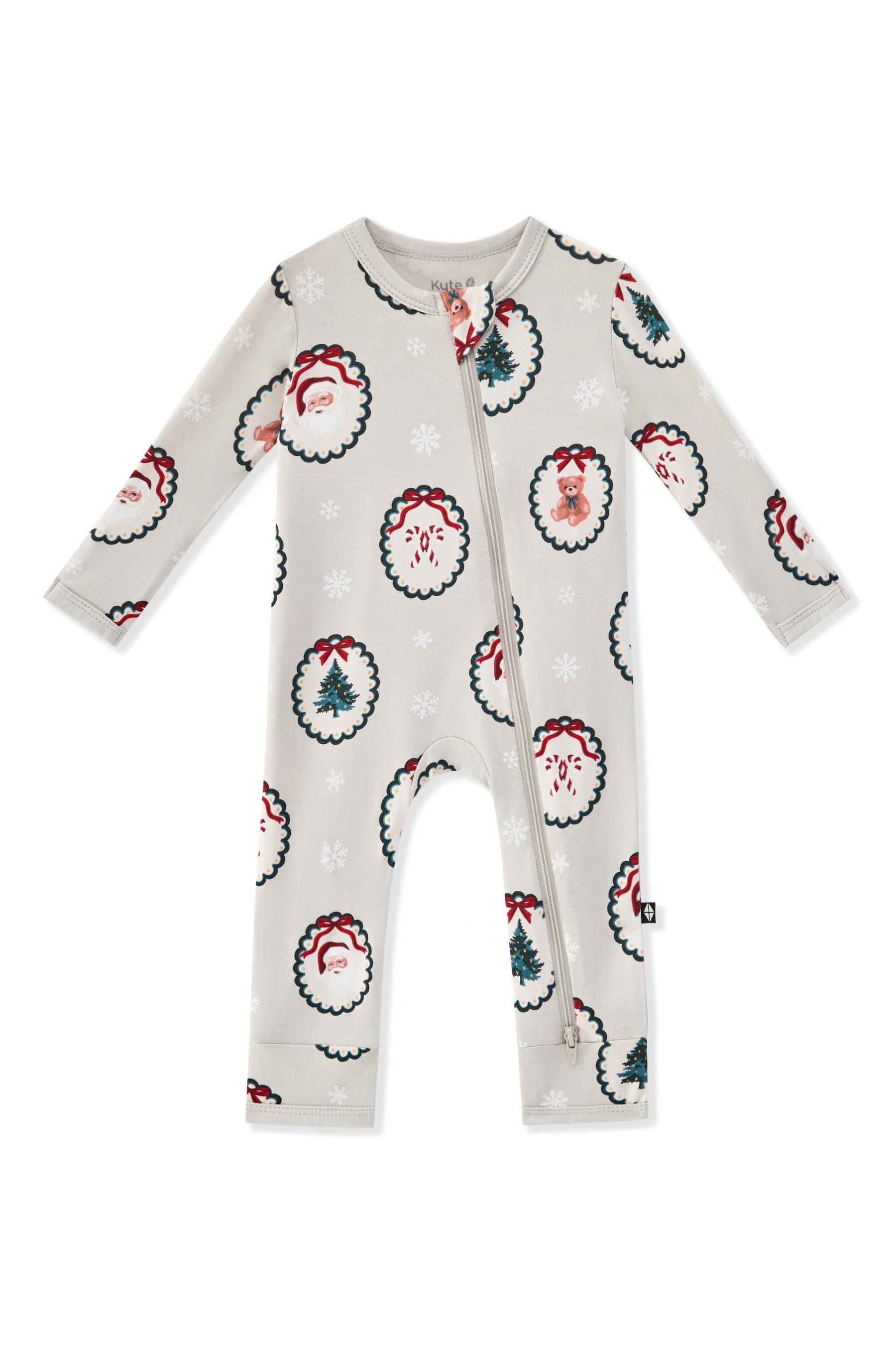 Zippered Romper in Holiday Medallion print on a white background