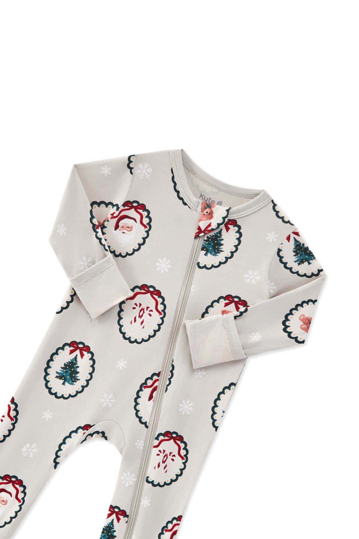 Zippered Romper in Holiday Medallion print with zipper garage on a white background