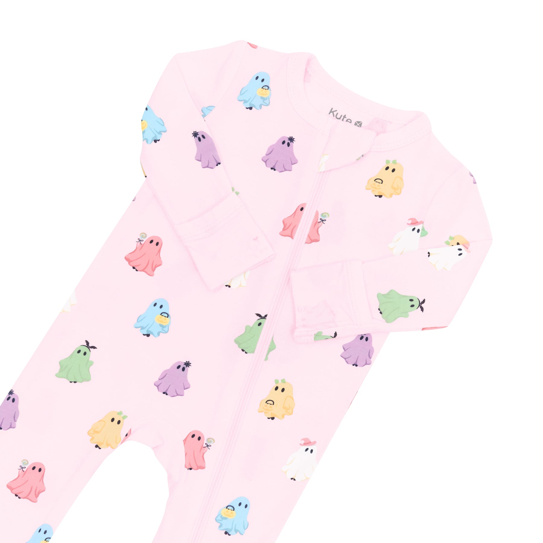 Close up of the zipper garage and fold over hand cuffs on the Zippered Romper in Pastel Ghost