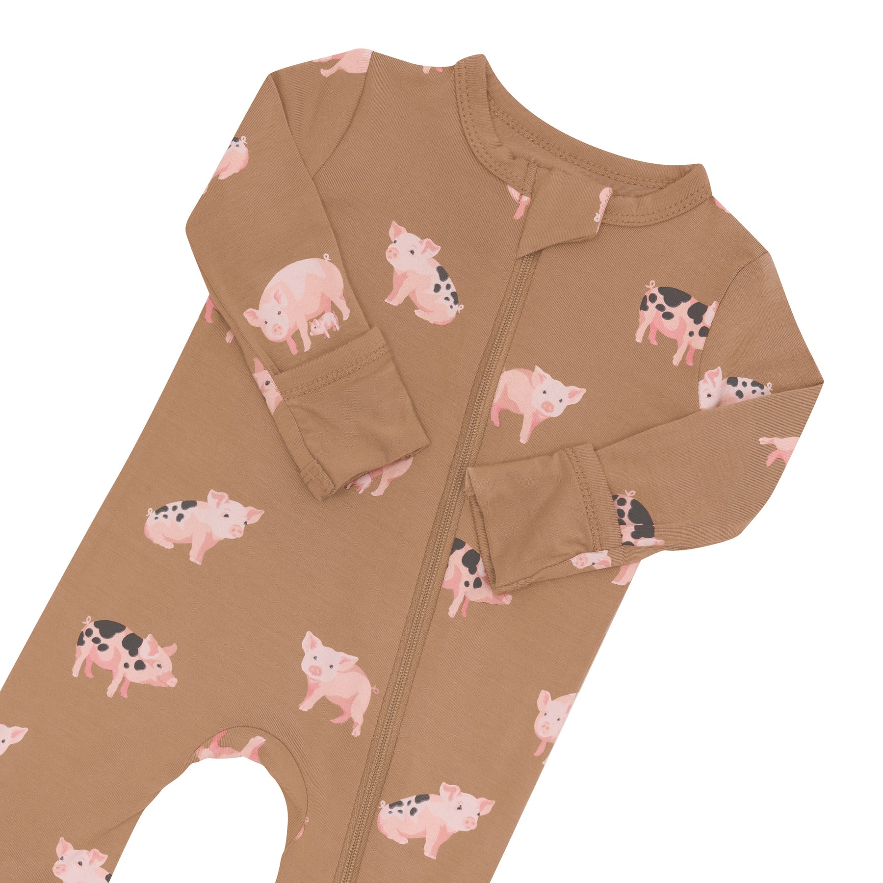 Close up of the zipper garage and fold over hand cuffs on the Zippered Romper in Pig