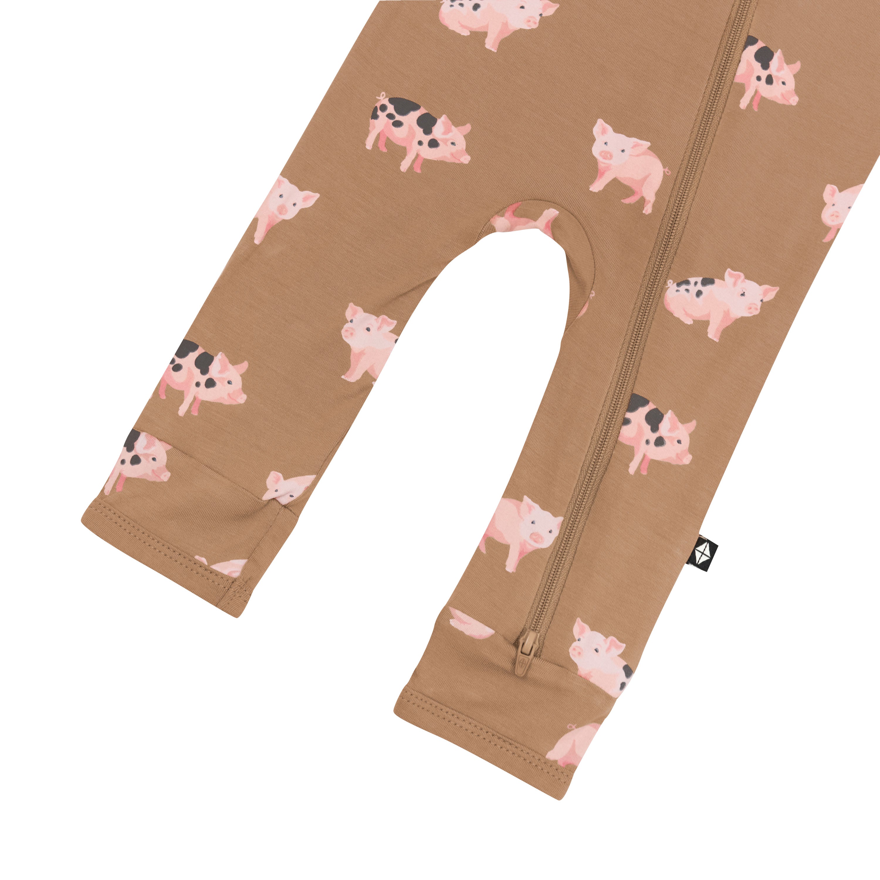 Bottom zipper shown on the leg of the Zippered Romper in Pig