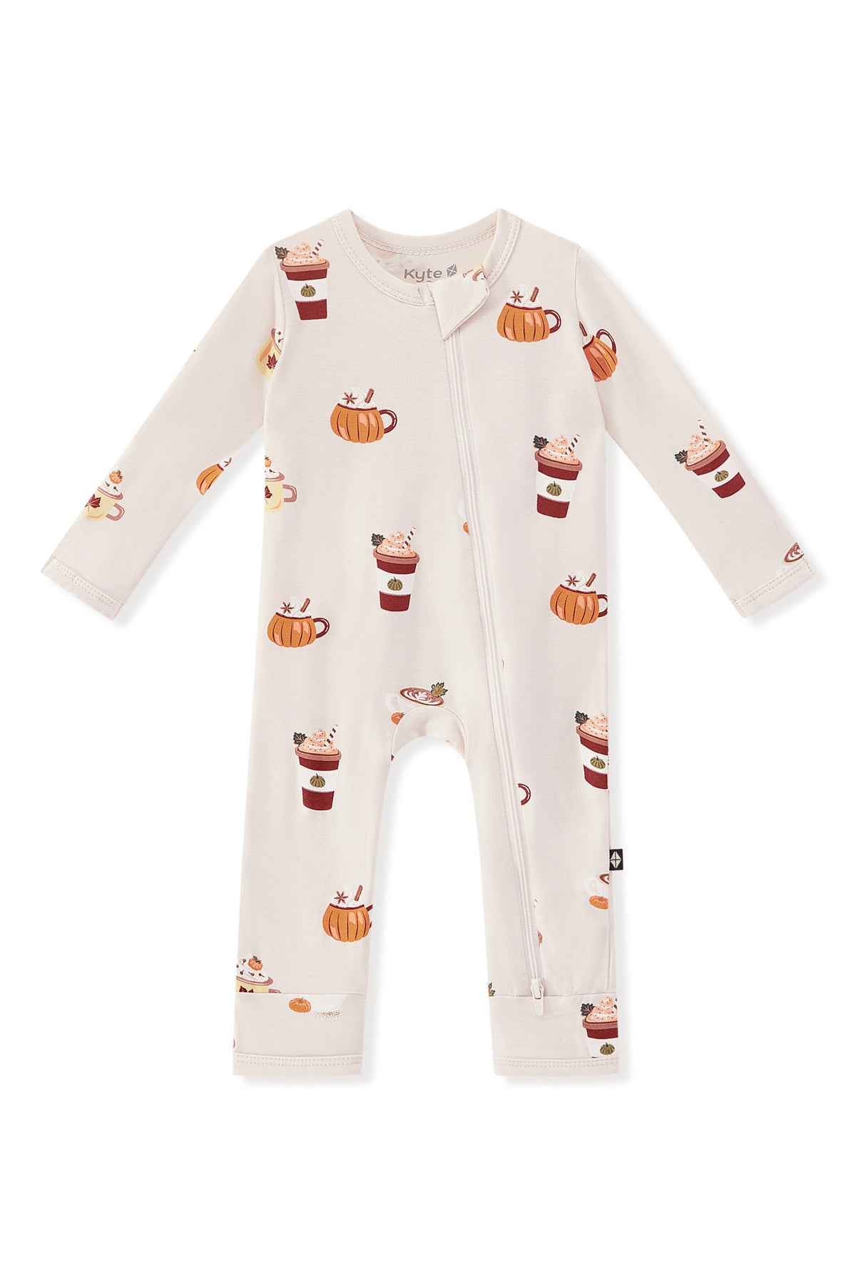 Zippered Romper in Pumpkin Spice Latte print on a white background