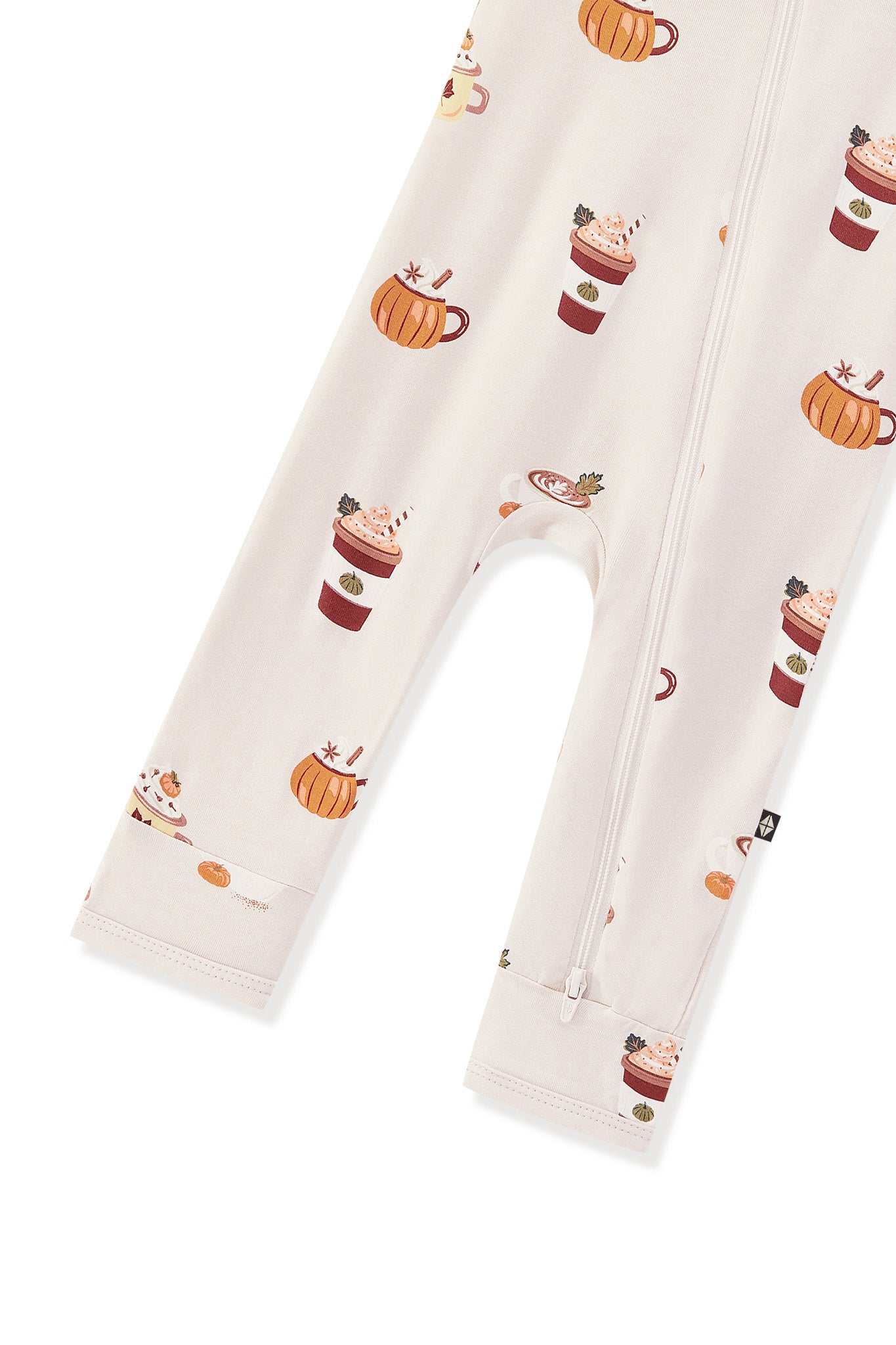 Bottom part of Zippered Romper in Pumpkin Spice Latte print on a white background