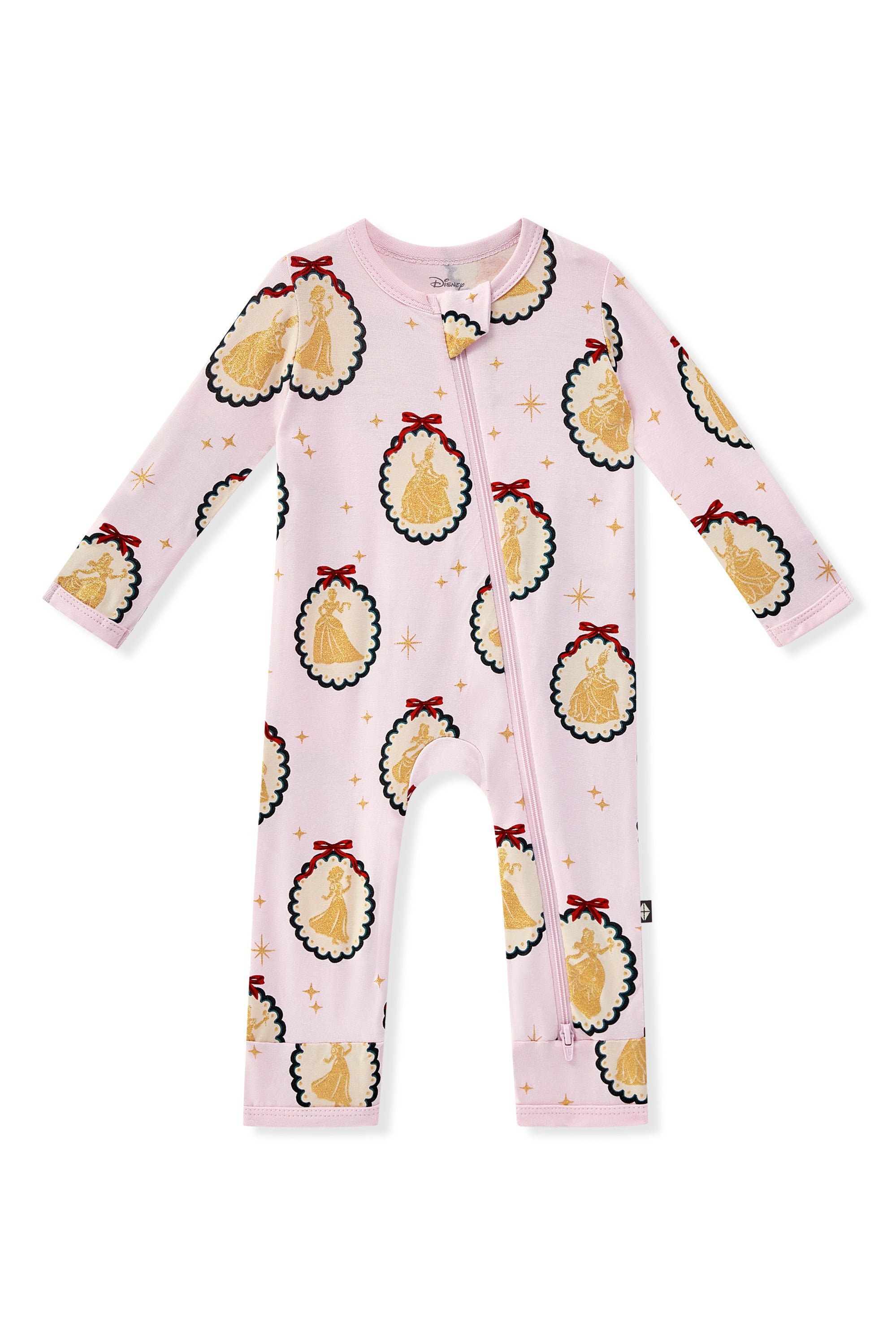 Zippered Romper in Princess Holiday Portraits print on a white background
