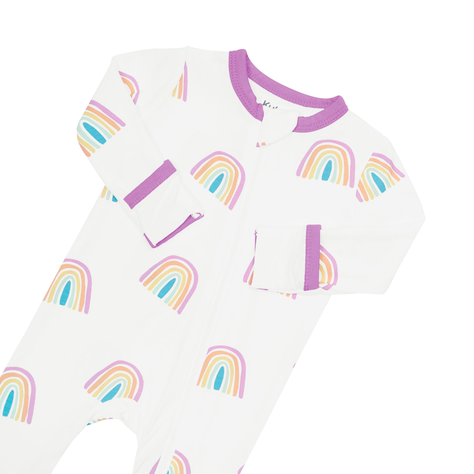 Zippered Romper in Poi Rainbow showing mittens and zipper garage