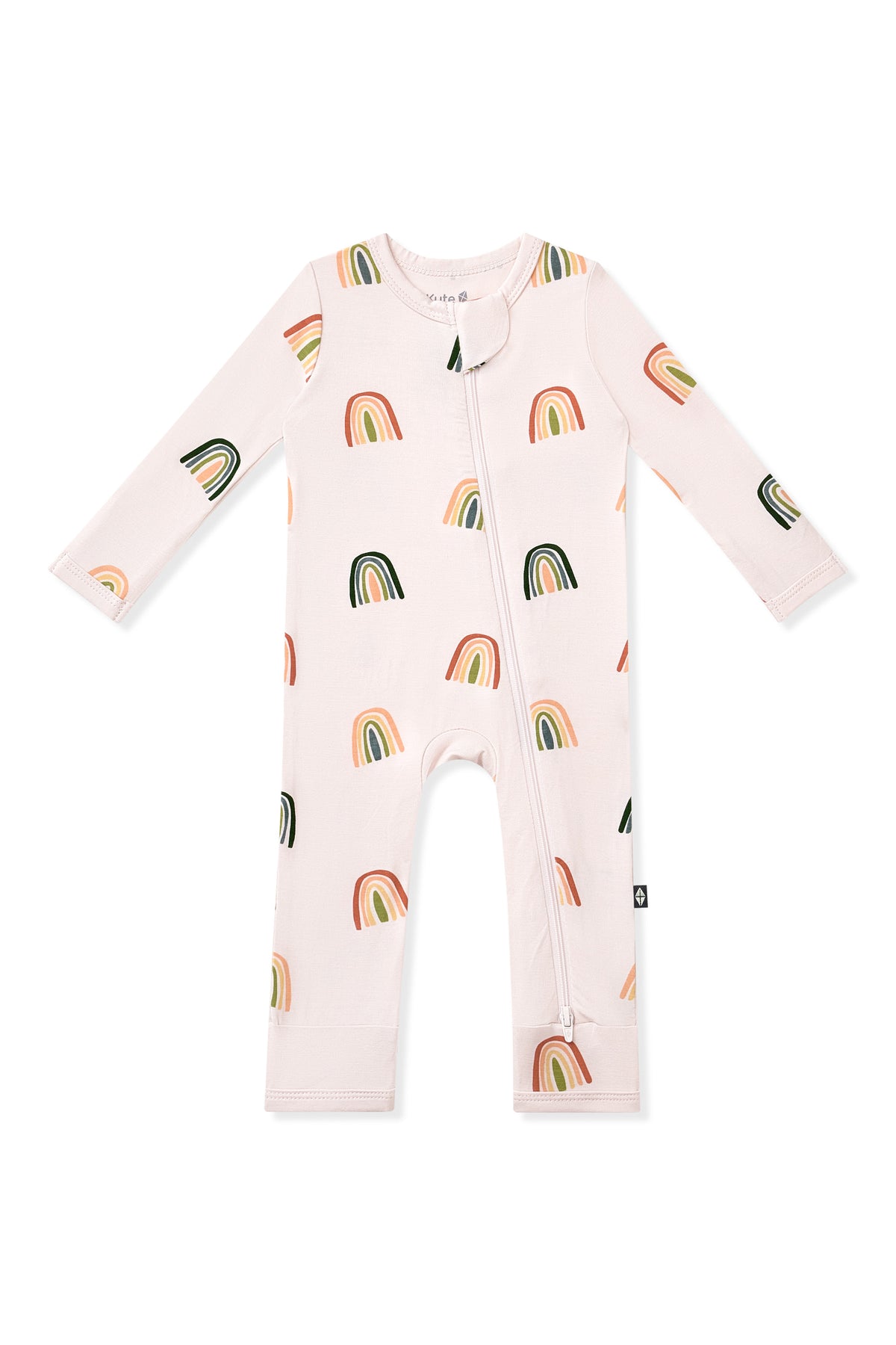 Vanilla Cream Zippered Romper in Retro Rainbow print on a white background