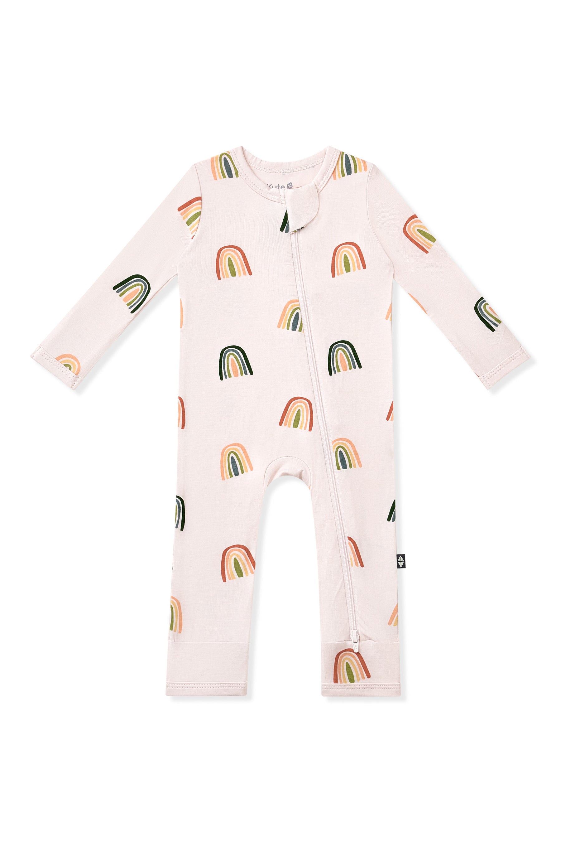 Vanilla Cream Zippered Romper in Retro Rainbow print on a white background