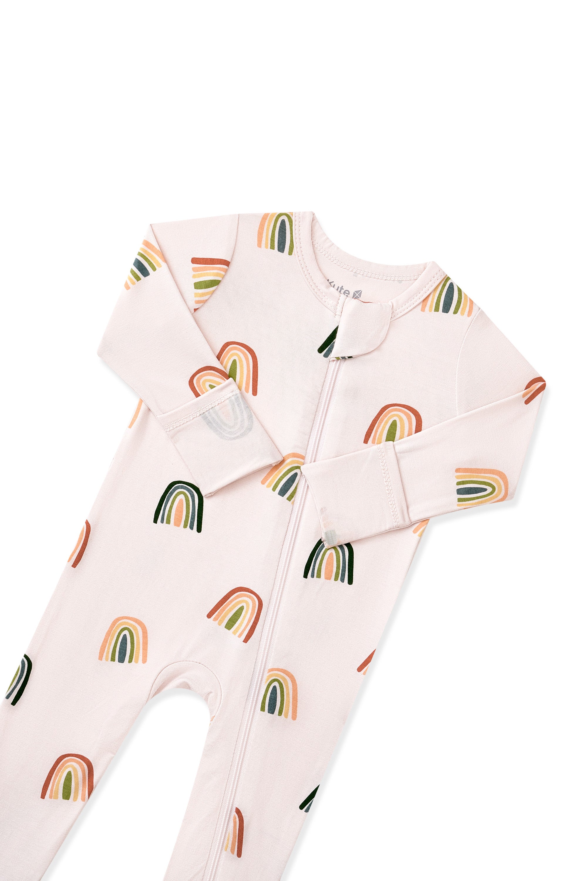 Vanilla Cream Zippered Romper in Retro Rainbow print with zipper garage on a white background