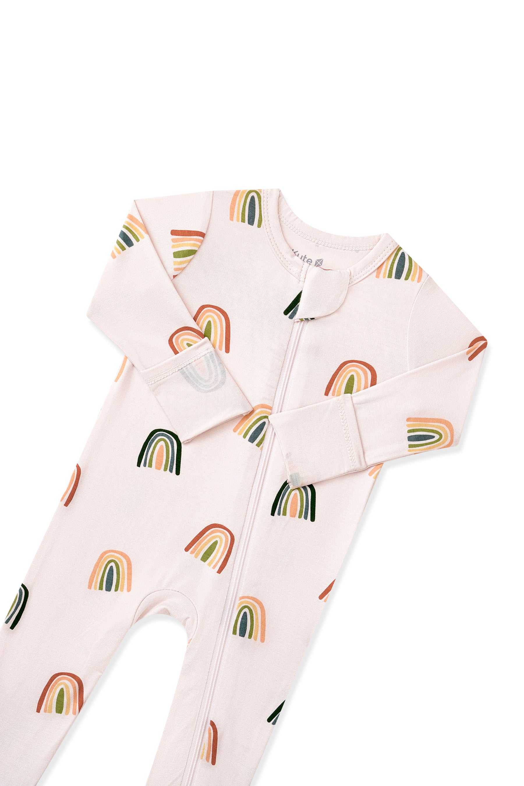 Vanilla Cream Zippered Romper in Retro Rainbow print with zipper garage on a white background