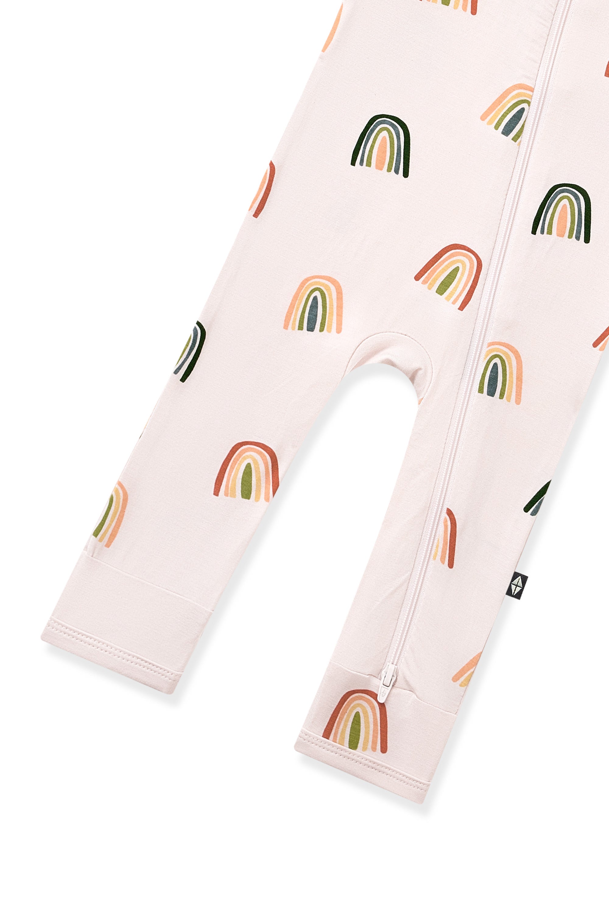 Bottom part of Vanilla Cream Zippered Romper in Retro Rainbow print on a white background