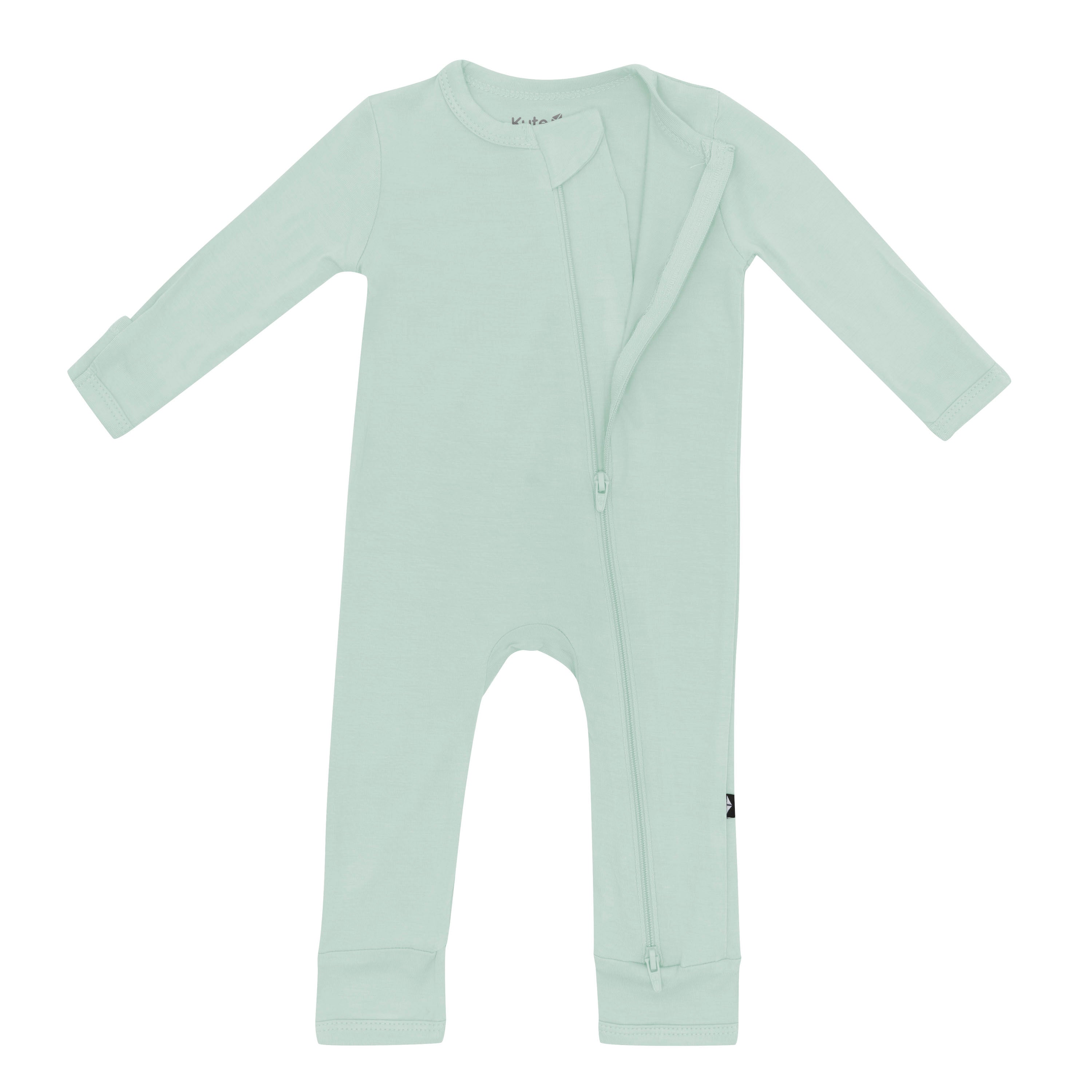 Partially unzipped dual zipper on Zippered Romper in Sage