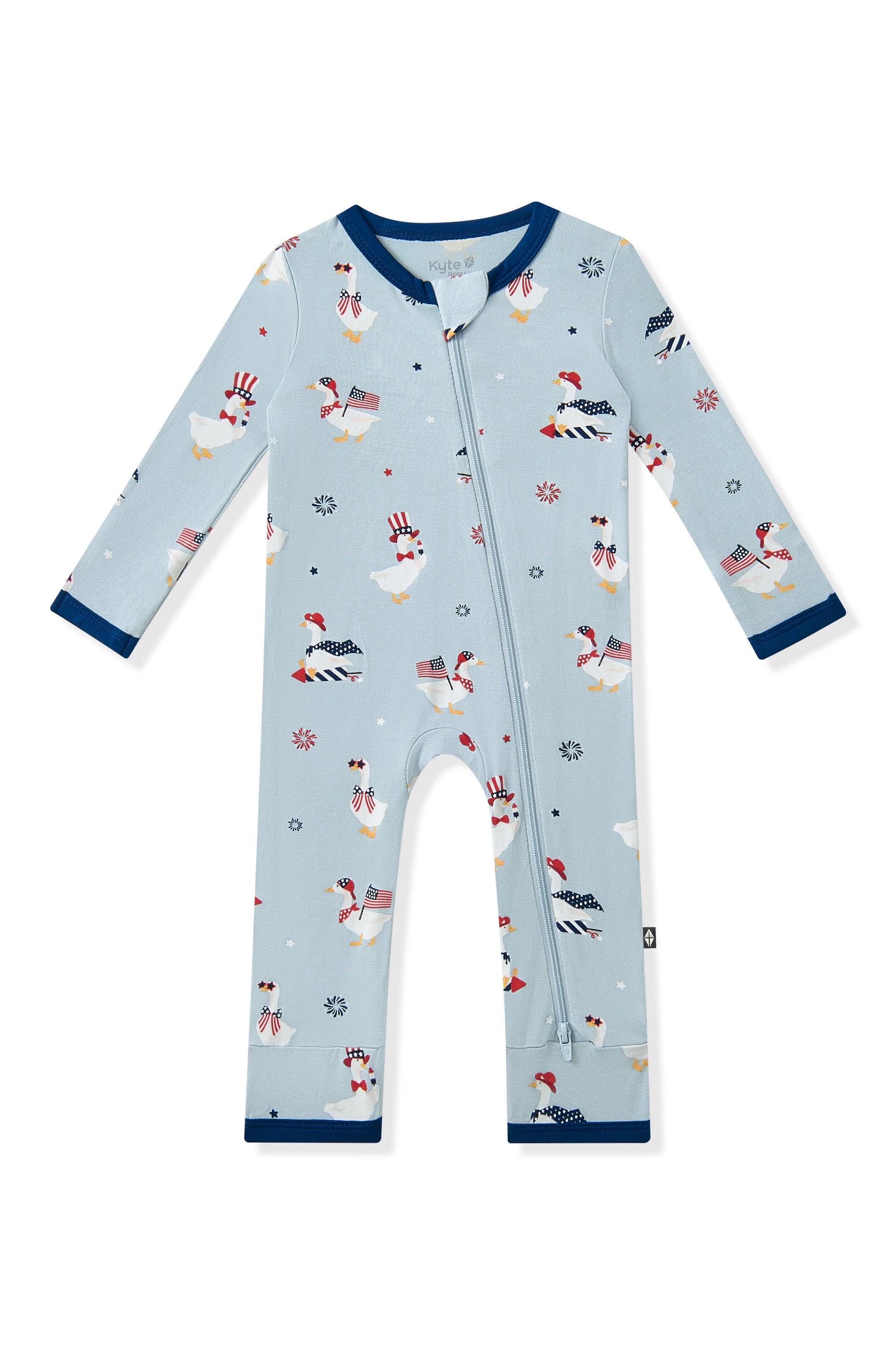 Light blue Zippered Romper in Patriotic Goose print on a white background
