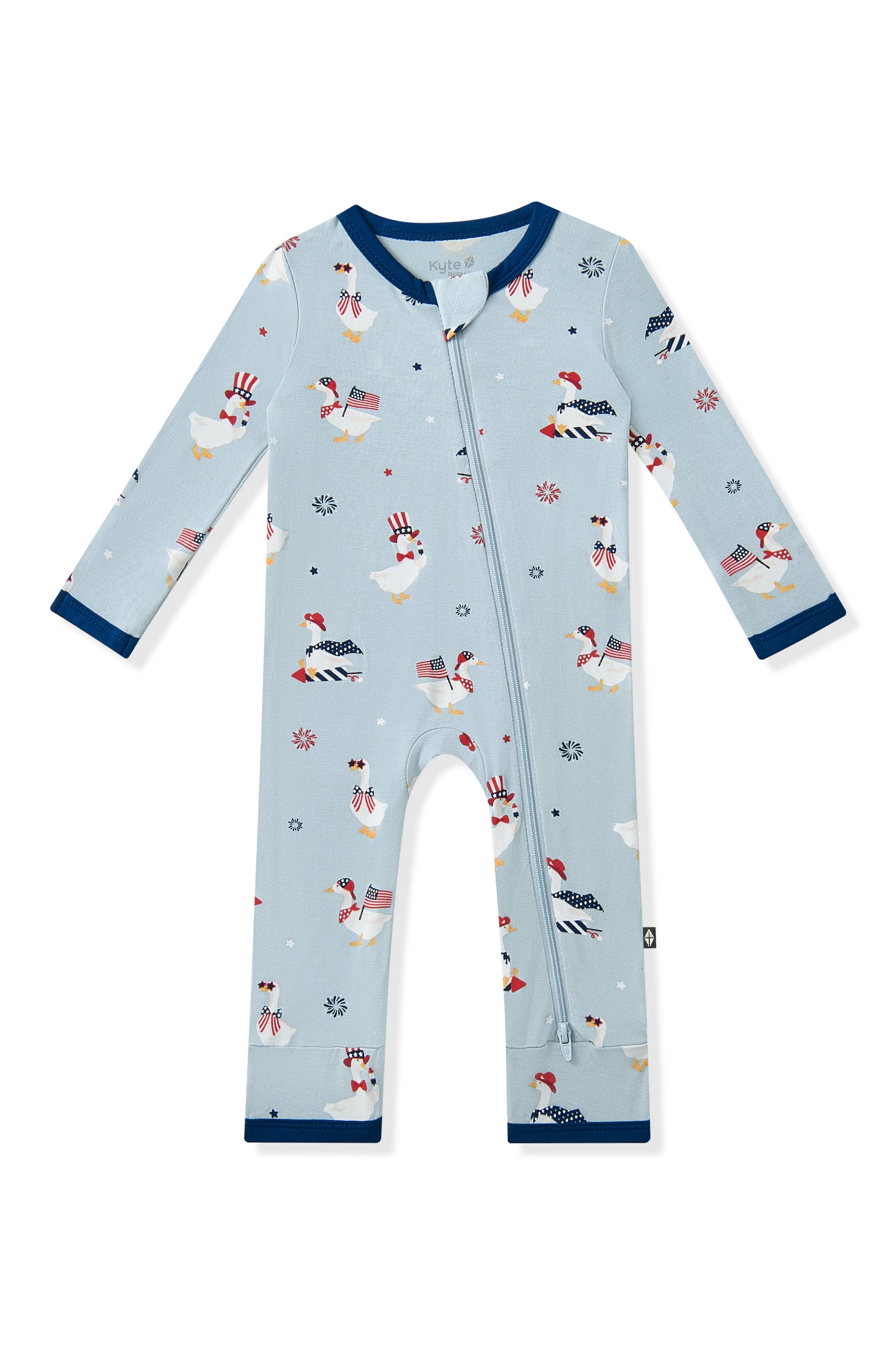 Light blue Zippered Romper in Patriotic Goose print on a white background
