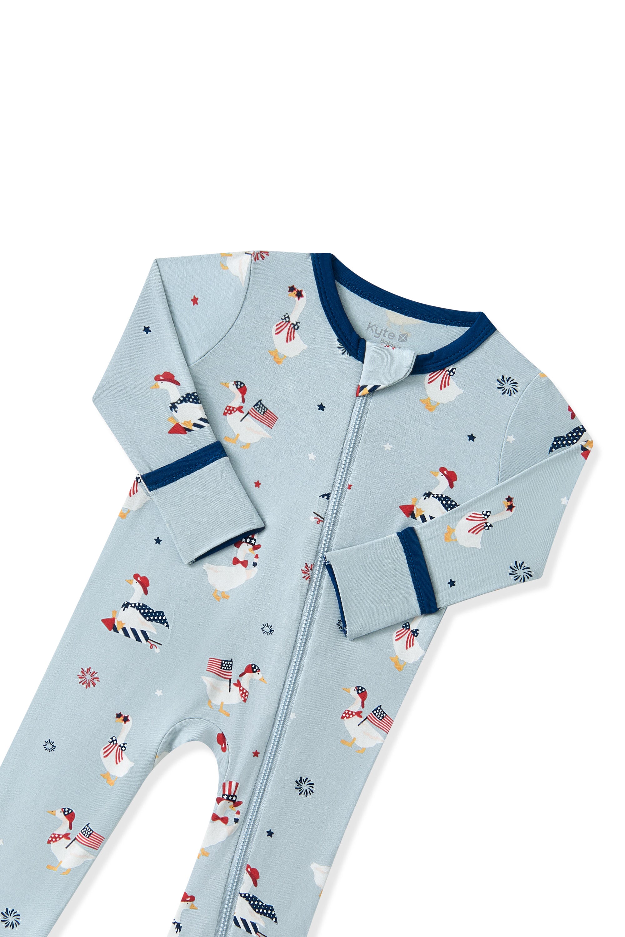 Light blue Zippered Romper in Patriotic Goose print on a white background