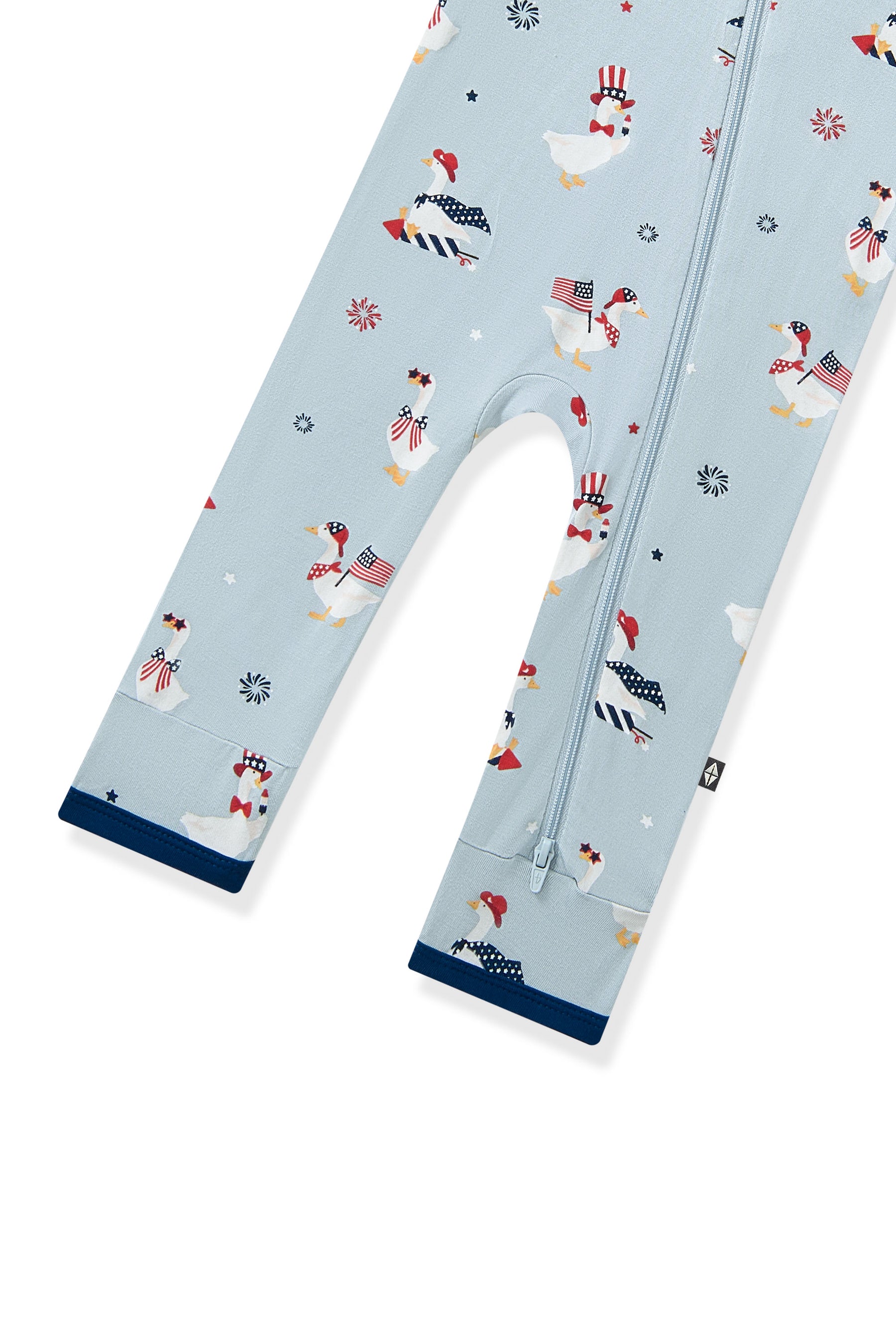 Light blue Zippered Romper in Patriotic Goose print on a white background