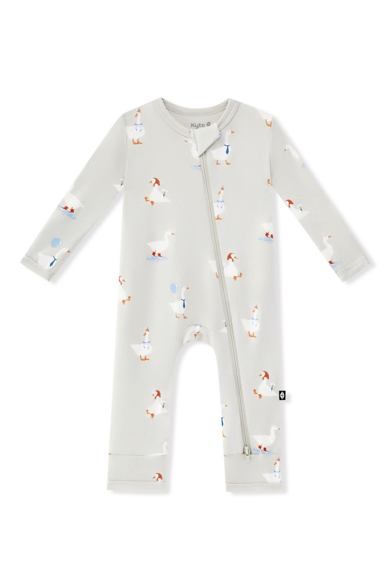 Zippered Romper in Oat Silly Goose print on a white background