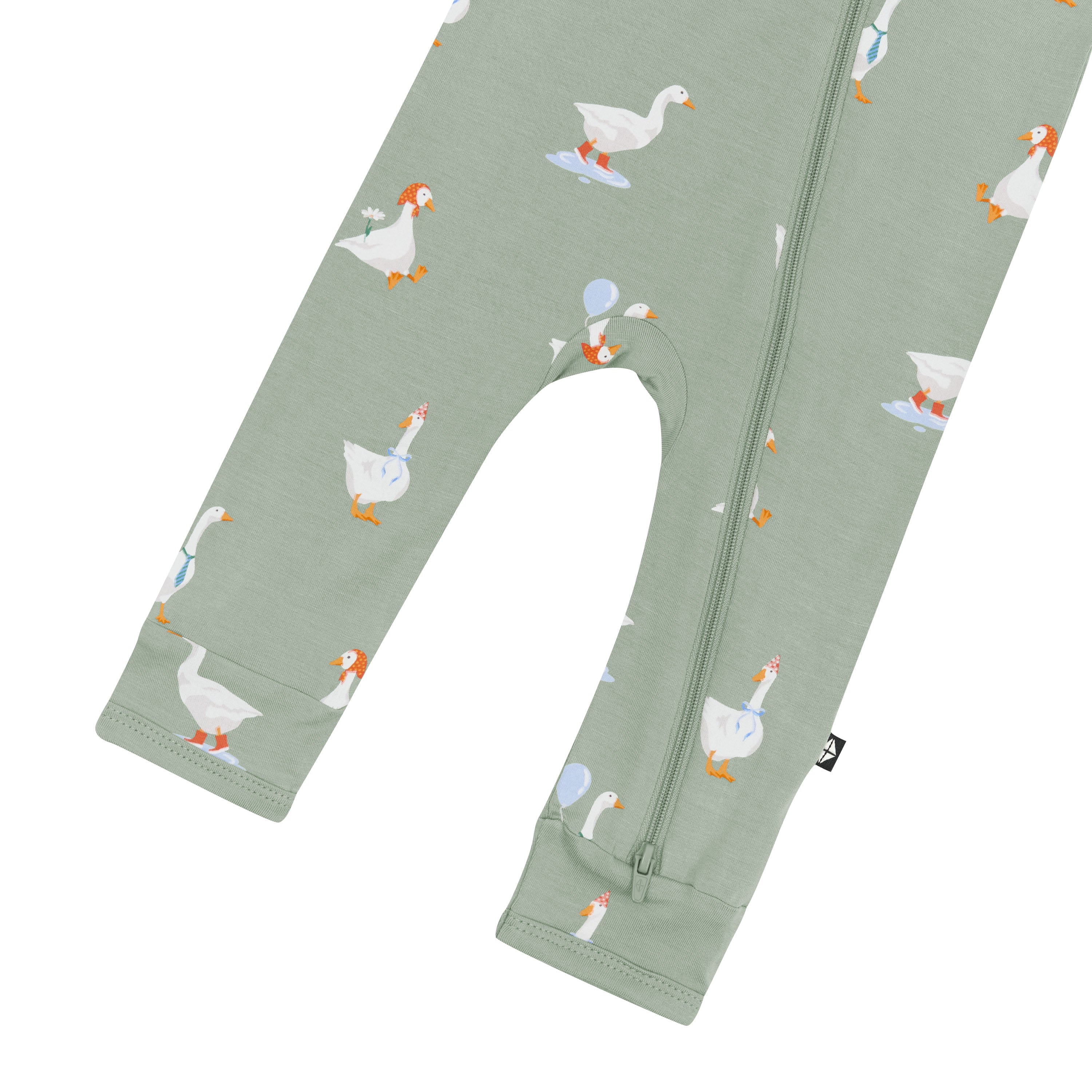Zipper closure shown on the leg of the Zippered Romper in Silly Goose