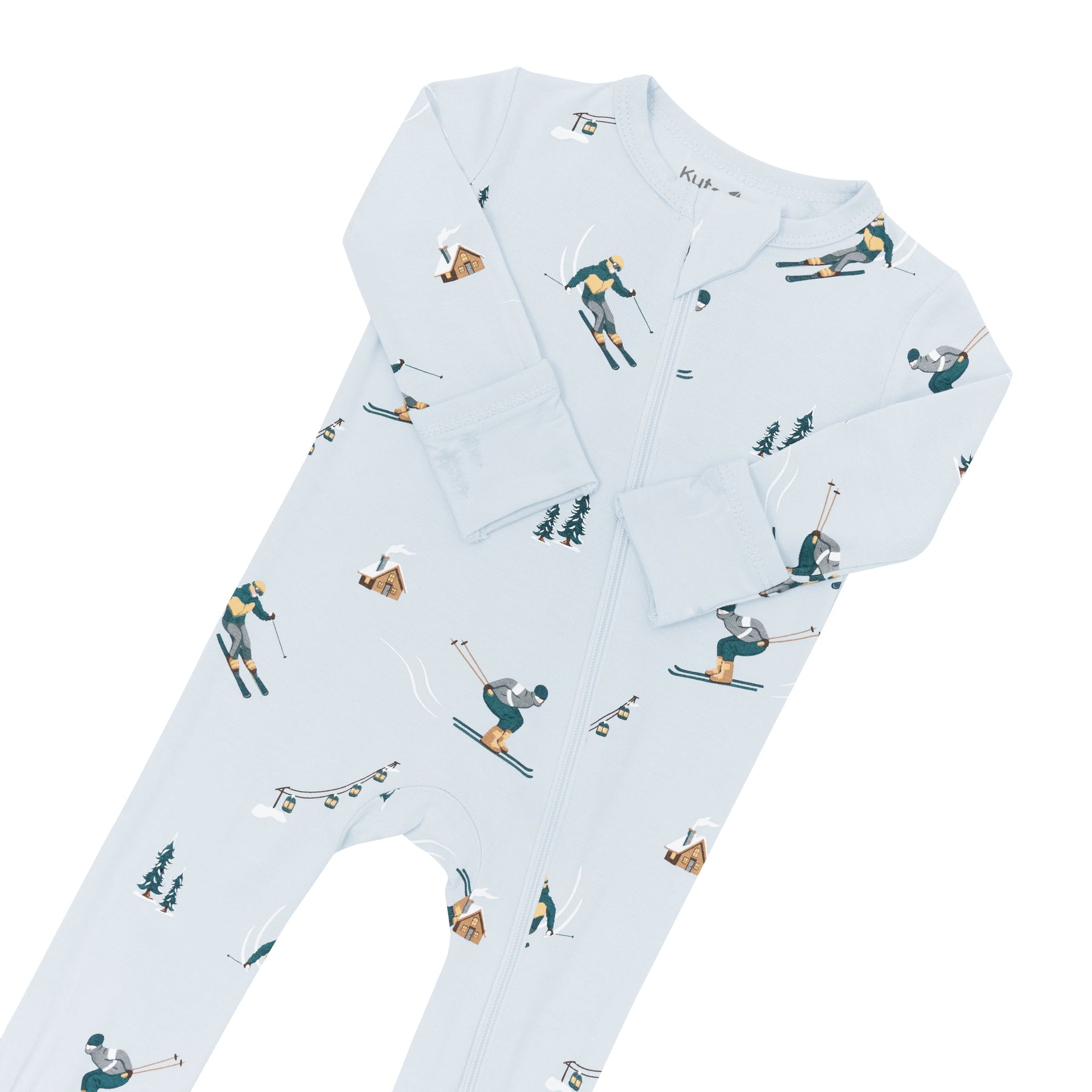 Close up of the zipper garage and fold over hand cuffs on the Zippered Romper in Ski