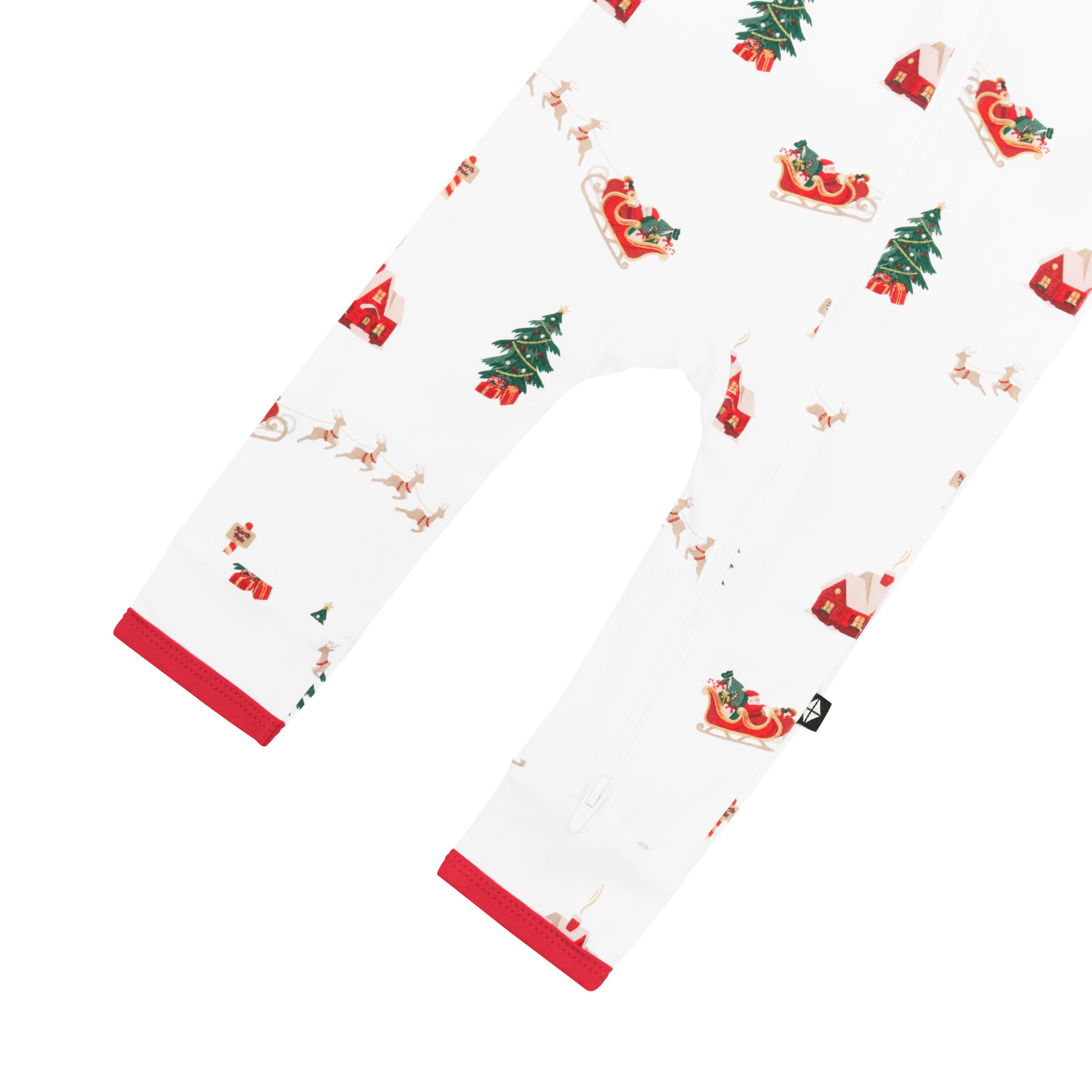 Zipper closure shown on the leg of the Zippered Romper in Santa Sleigh