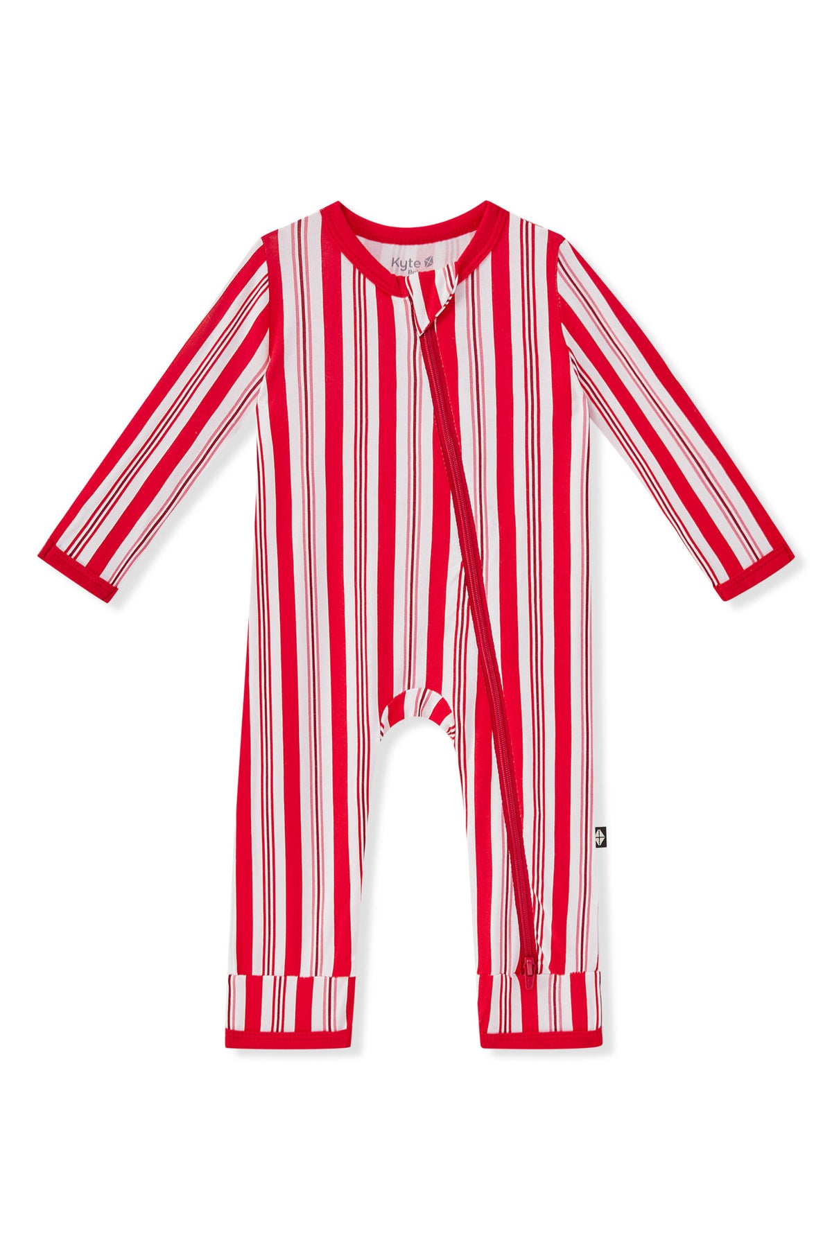 Zippered Romper in red and white Peppermint Stripes print on a white background