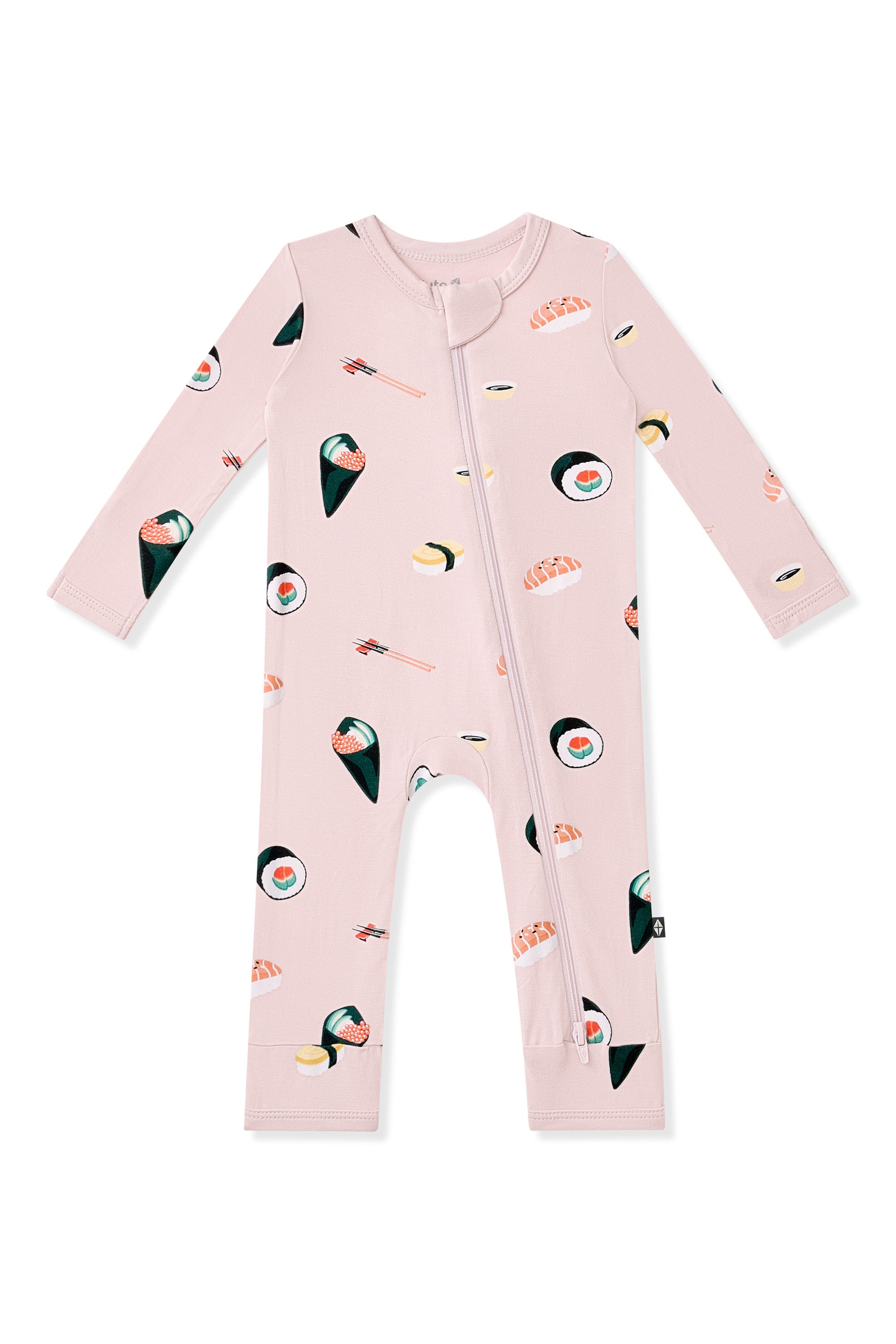 Pink Zippered Romper with Sushi pattern on white background