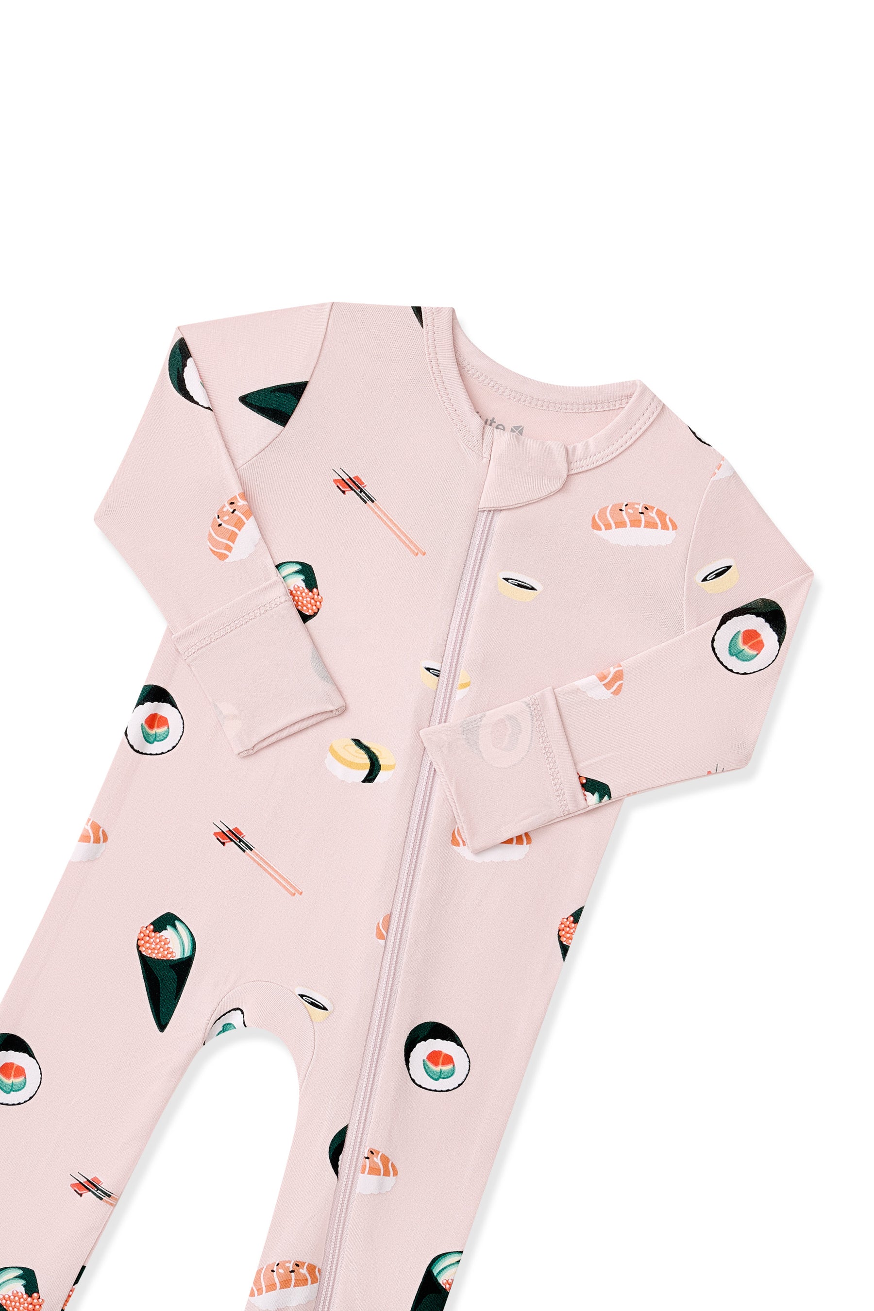 Pink Zippered Romper in Sushi pattern with zipper garage on white background