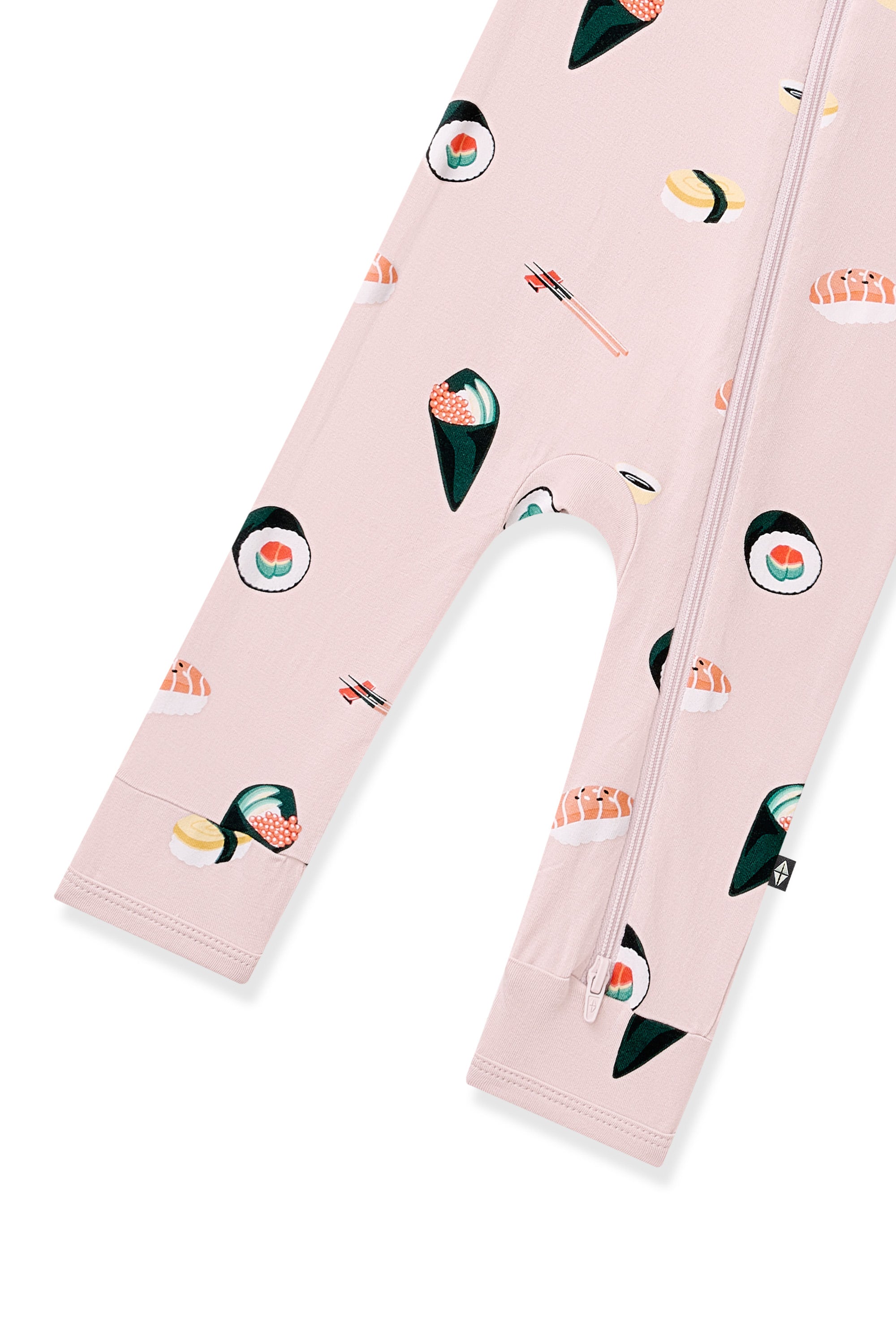 Bottom part of Pink Zippered Romper with Sushi pattern on white background