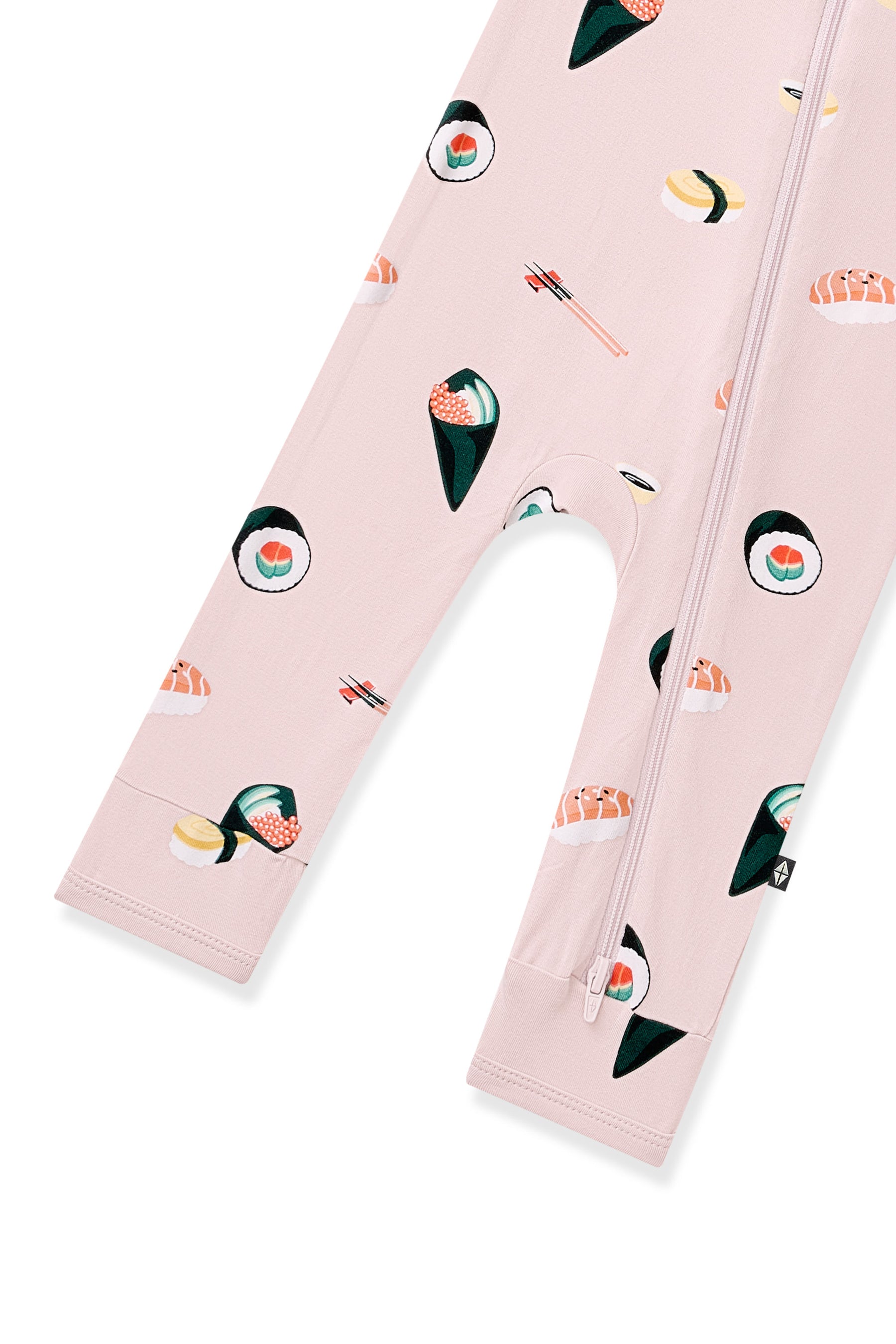 Bottom part of Pink Zippered Romper with Sushi pattern on white background
