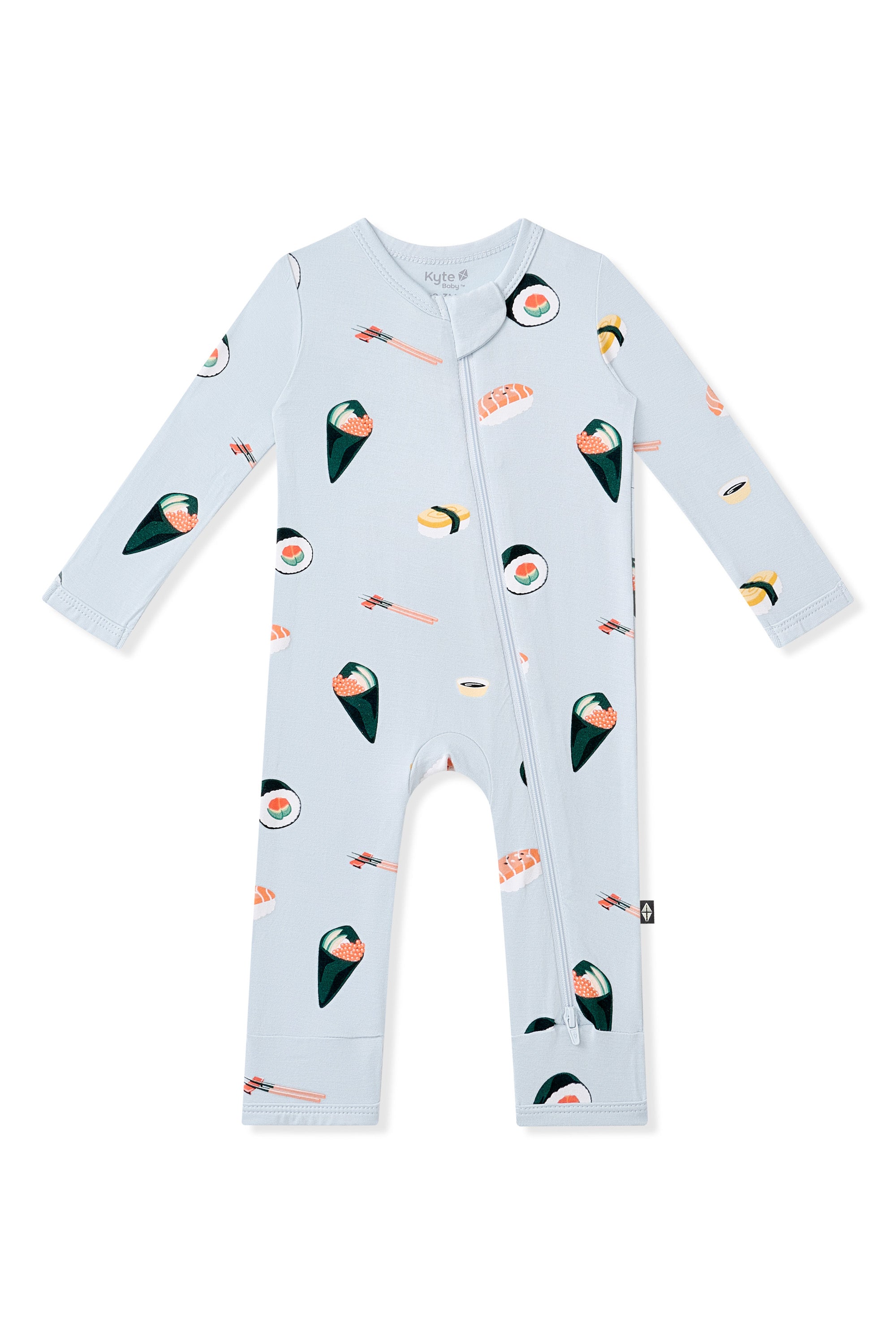 Light Blue Zippered Romper with Sushi pattern on a white background