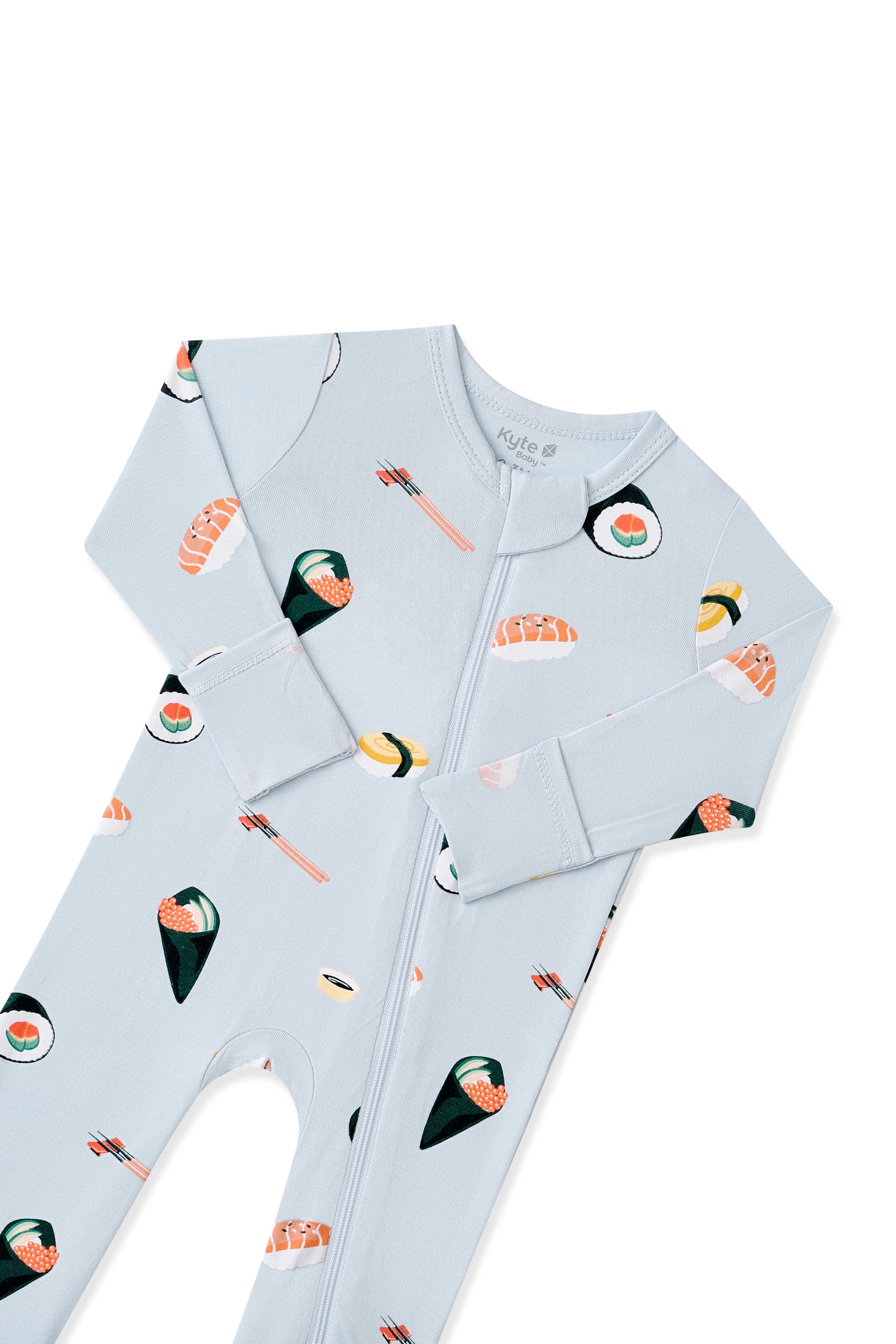 Light Blue Zippered Romper with Sushi pattern with zipper garage on a white background