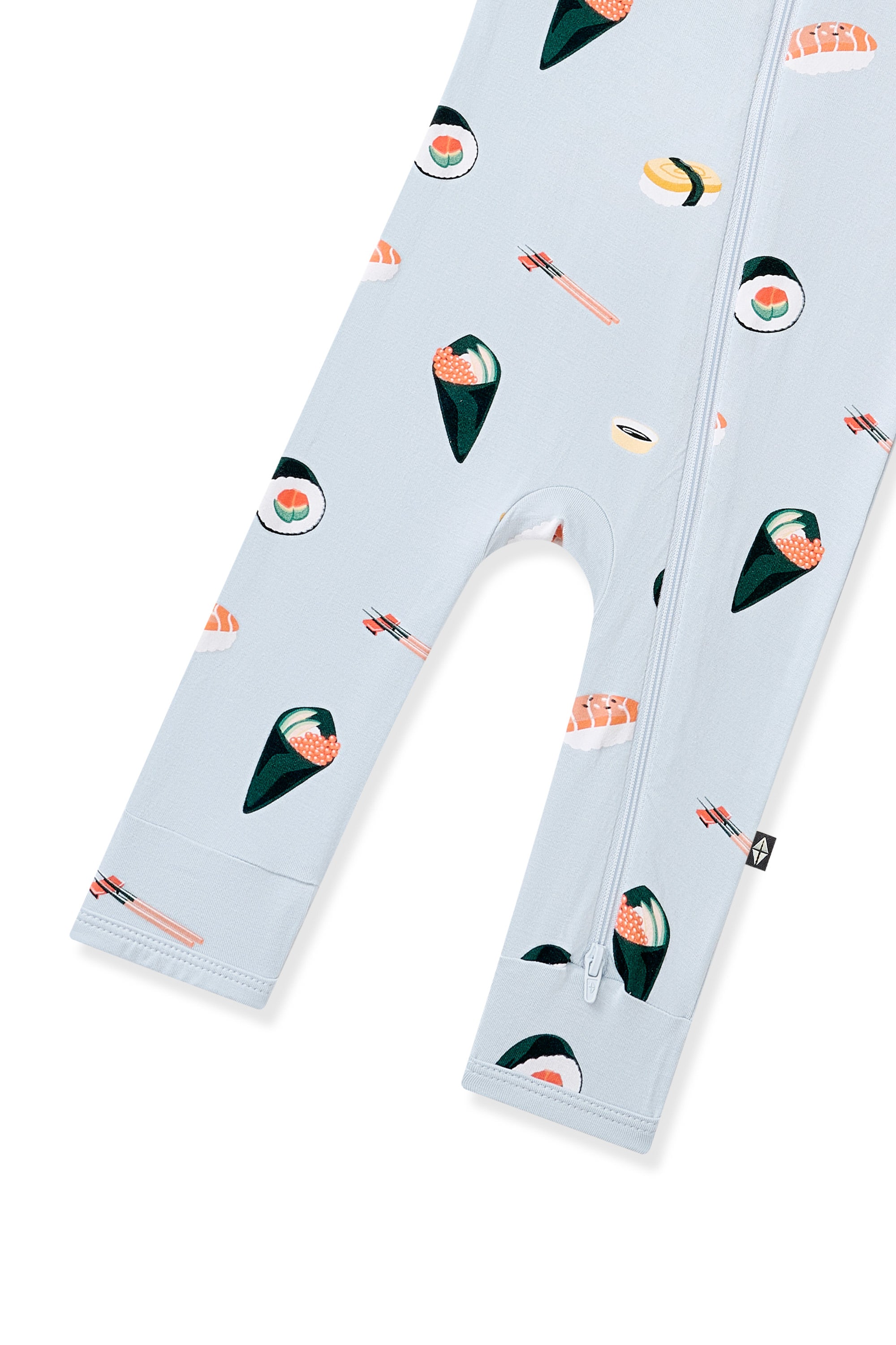 Bottom part of Blue Zippered Romper with Sushi pattern on a white background