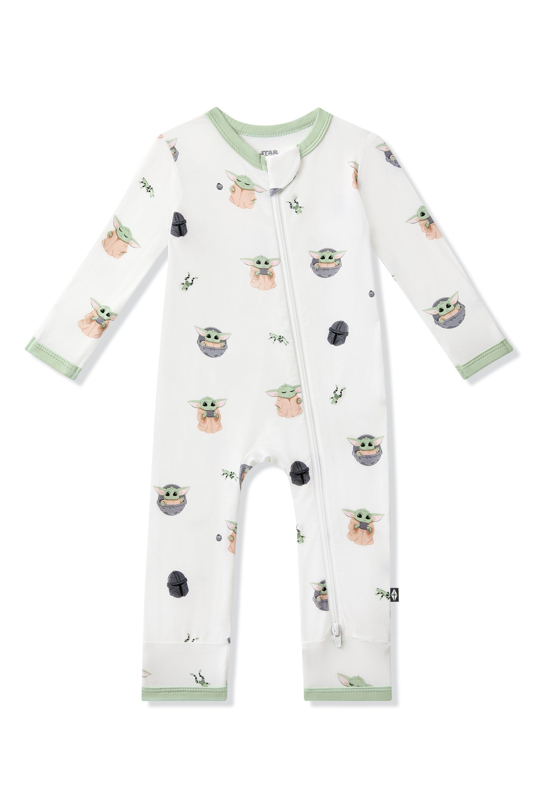 Product photo of the Zippered Romper in Grogu™ on a white background