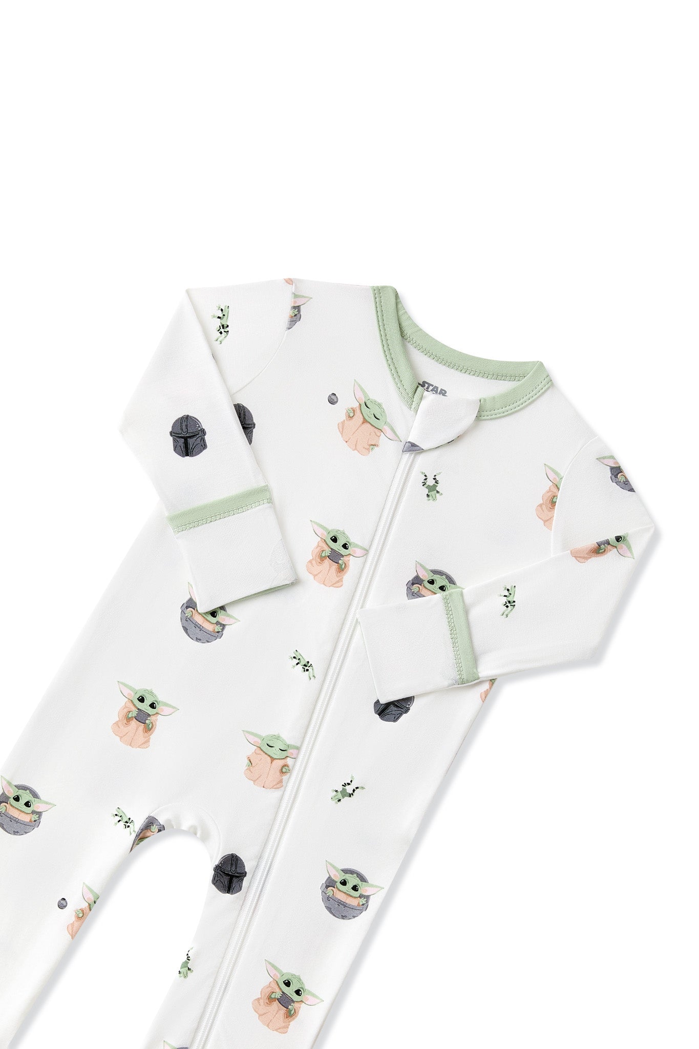 Close up of the zippered garage and fold over hand cuffs on the Zippered Romper in Grogu™