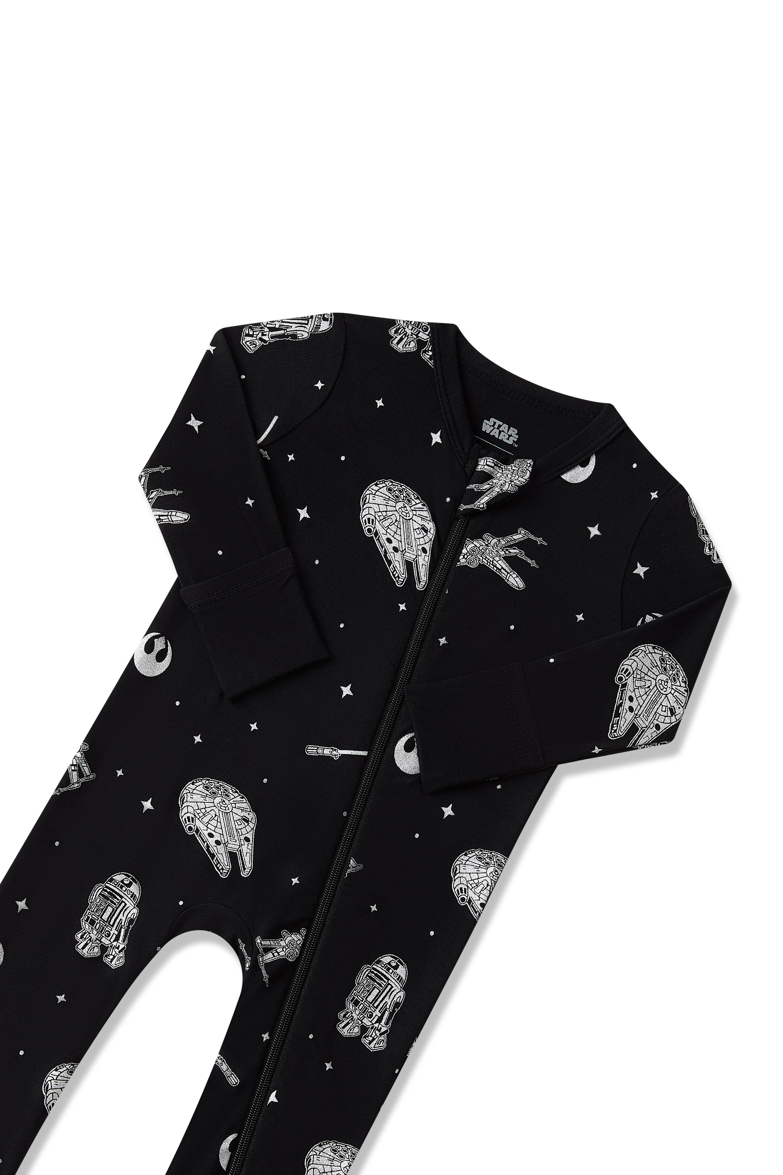 Close up of the zipper garage and fold over hand cuffs shown on the Zippered Romper in STAR WARS™