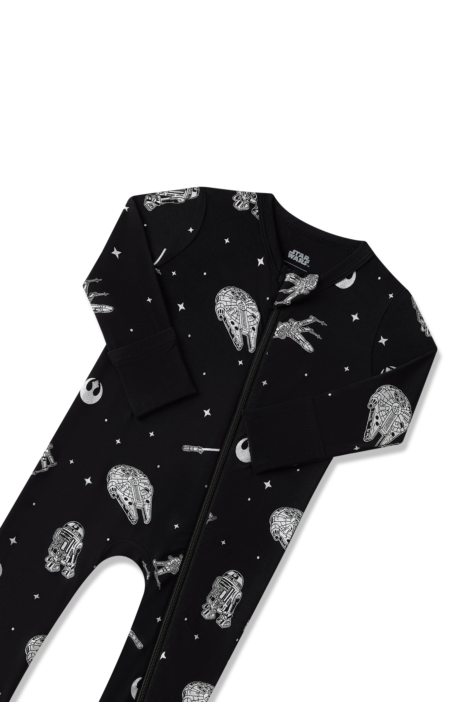 Close up of the zipper garage and fold over hand cuffs shown on the Zippered Romper in STAR WARS™