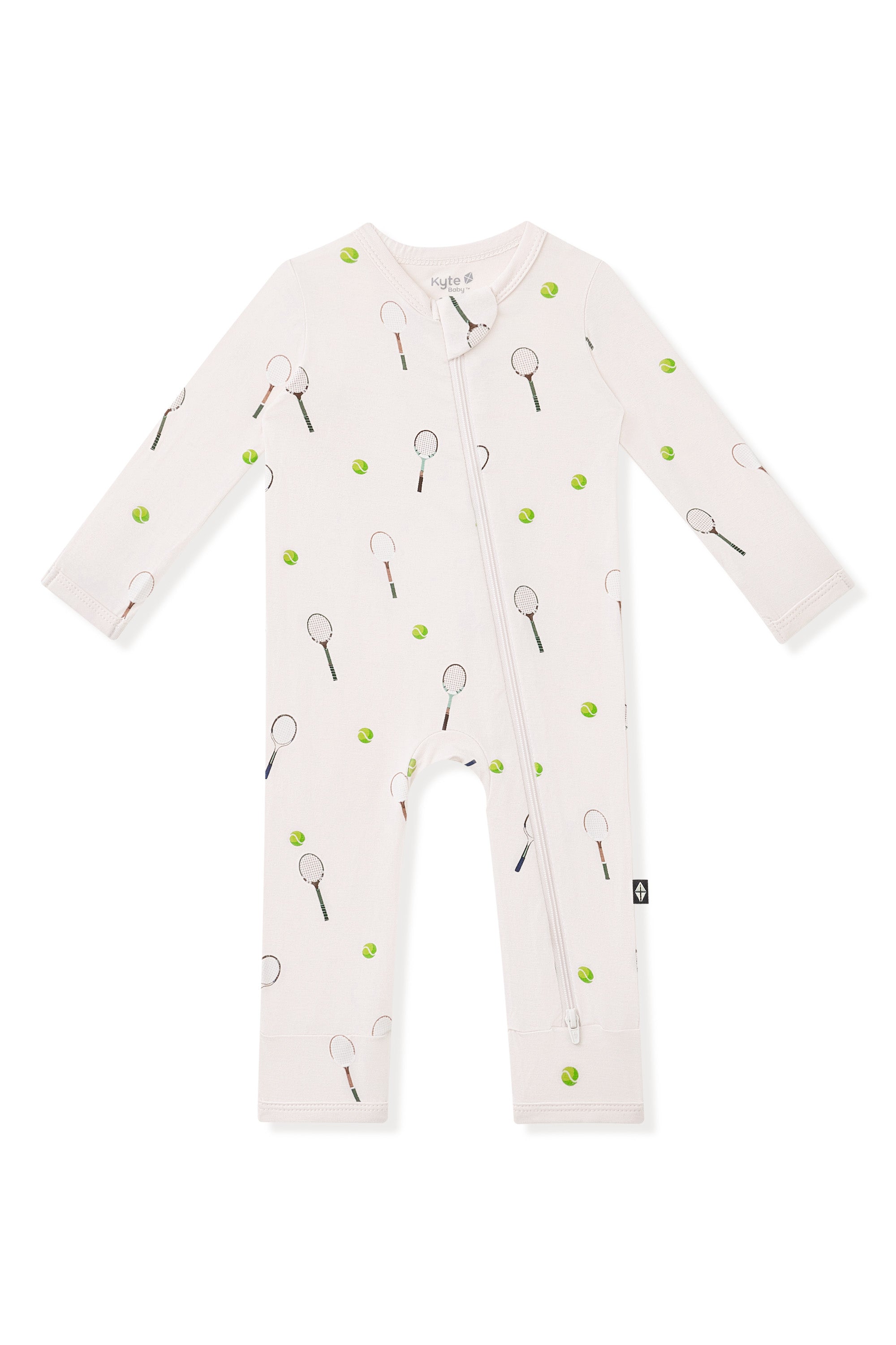 Zippered Romper in Tennis print on a white background