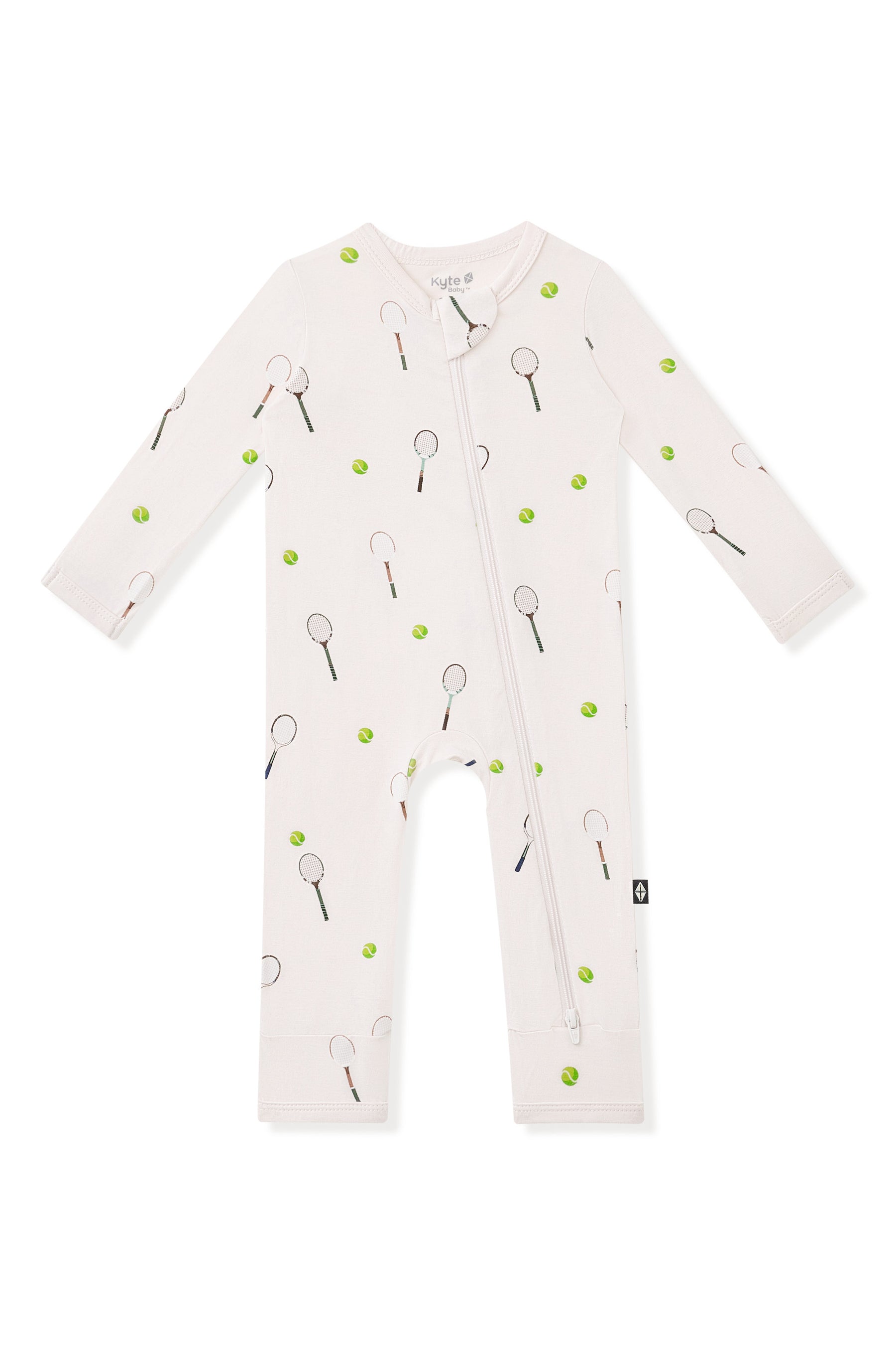 Zippered Romper in Tennis print on a white background