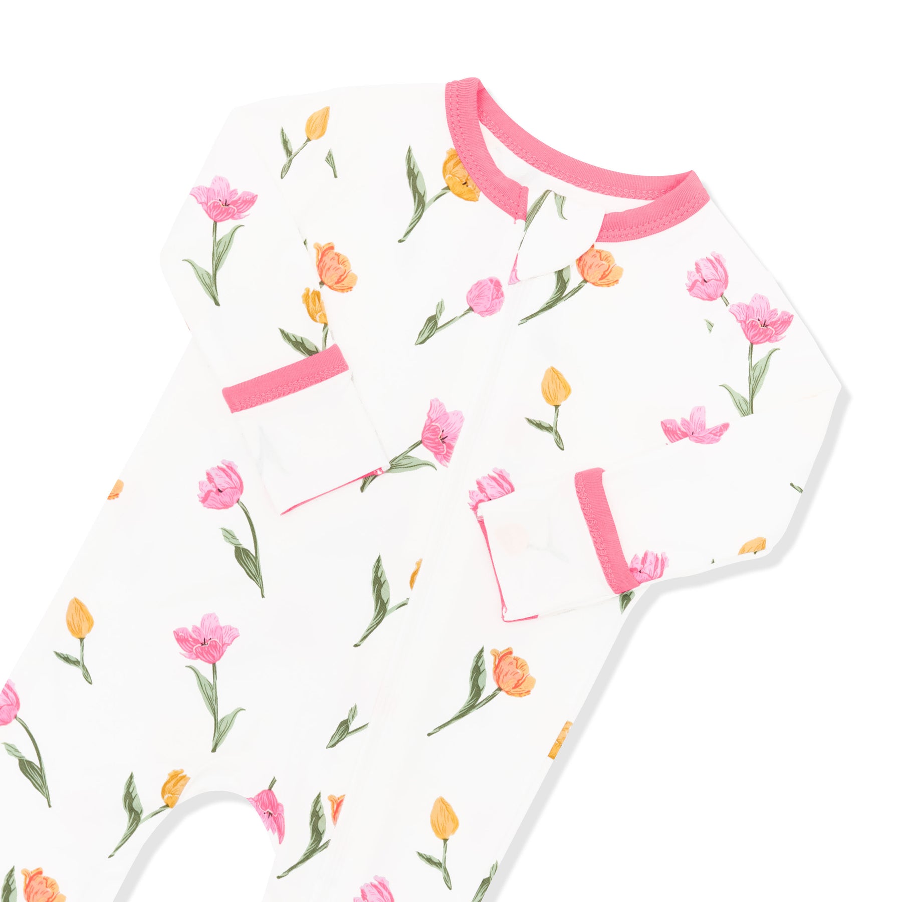 Zipper garage and fold over hand cuffs shown on the Zippered Romper in Tulip