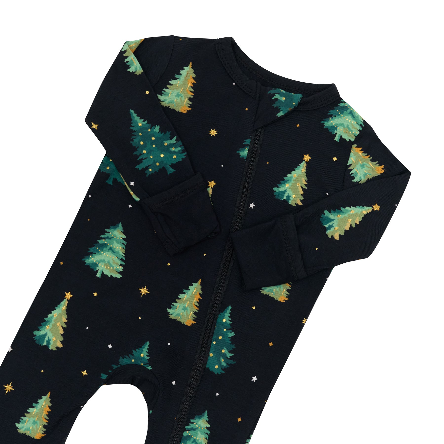 Zipper closure, zipper garage and fold over hand cuffs shown on the Zippered Romper in Twinkle Tree