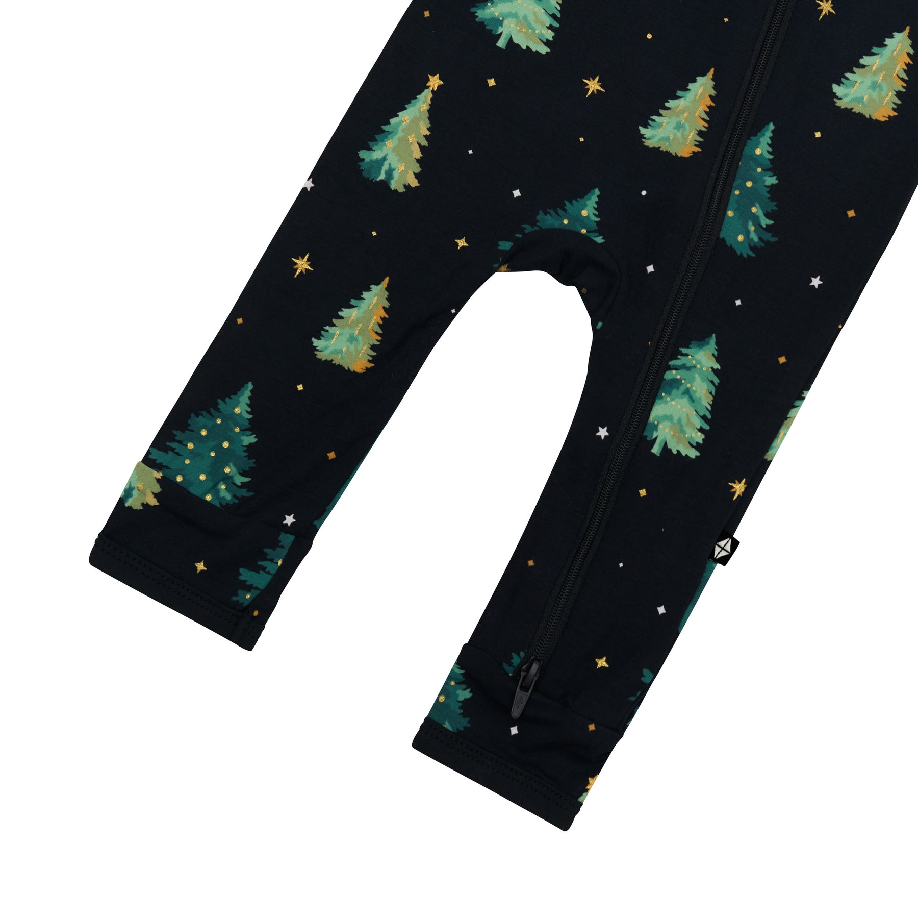 Zipper shown on the leg of the Zippered Romper in Twinkle Tree